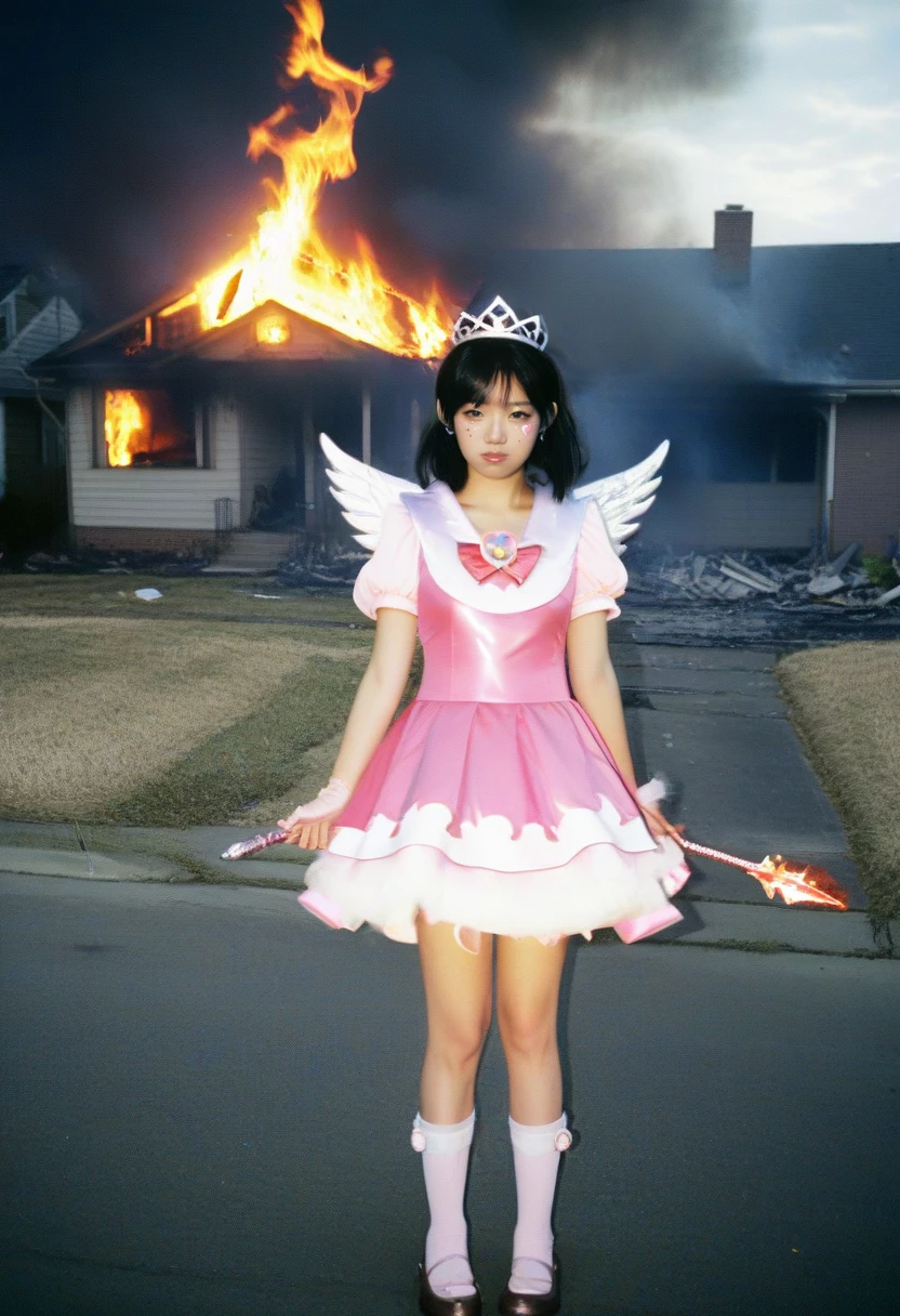 <lora:ModernFable:0.65> woman, asian, cosplay, magical girl dress, tiara, suburbs, apocalypse, fire, eery, film grain,