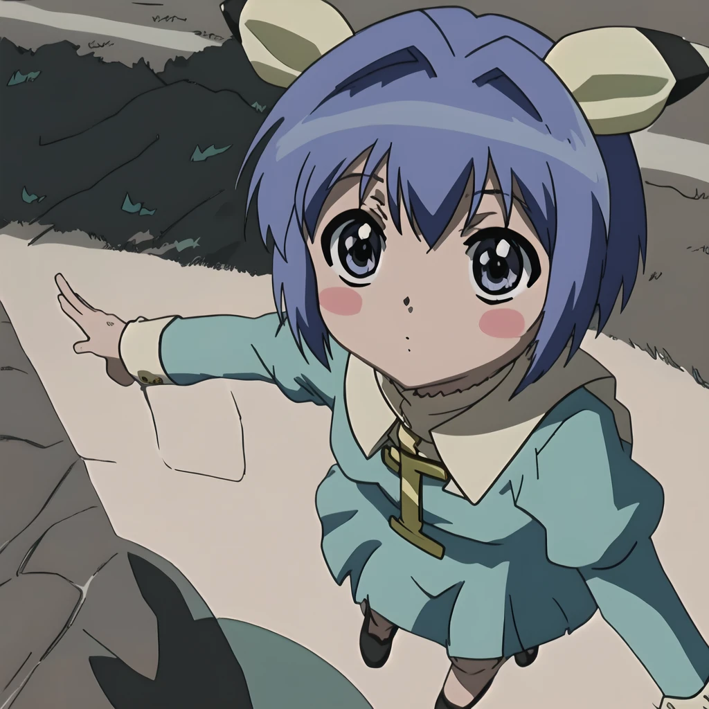 (anime coloring),(masterpiece),(best quality),(ultra-detailed),(best illustration),(best shadow),(absurdres),(detailed background), anime screencap, outdoors, school yard, day, sunlight, pose,<lora:Fuyuno_YoshikawaTA-28:1>FuyunoYoshikawa, short hair, blue hair, animal ears, pikachu, hair ornament, hair intakes, dress, turquoise dress, (cross, latin cross), capelet, long sleeves, puffy sleeves, pendant, medallion, buttons, looking at viewer, full body,