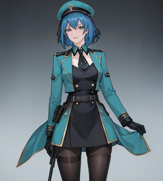 masterpiece, best quality, perfect image, best image, wallpaper, HD, UHD, best lighting, amazing, guard, blue hair, painter hat, green military uniform, gloves, pantyhose, holsters, black undershirt, short hair, detailed face, 