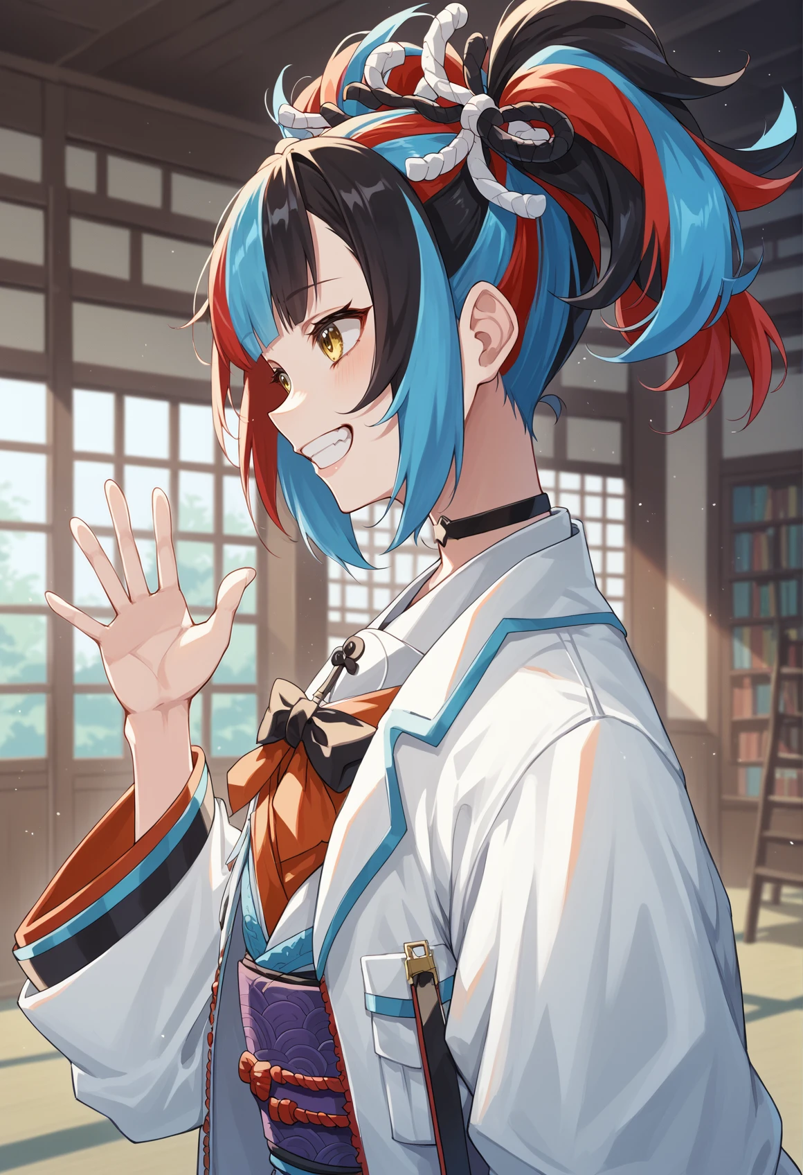 1girl, twintails, multicolored hair, black hair, red hair, blue hair, yellow eyes, hair ribbon, choker, japanese clothes, serafuku, red ribbon, obi, white jacket, looking to the side, from side, hand up, waving, smile, teeth, indoors, japanese library, upper body  <lora:Nagiko:1>, score_9, score_8_up, score_7_up, score_6_up, score_5_up, score_4_up, BREAK source_anime, masterpiece