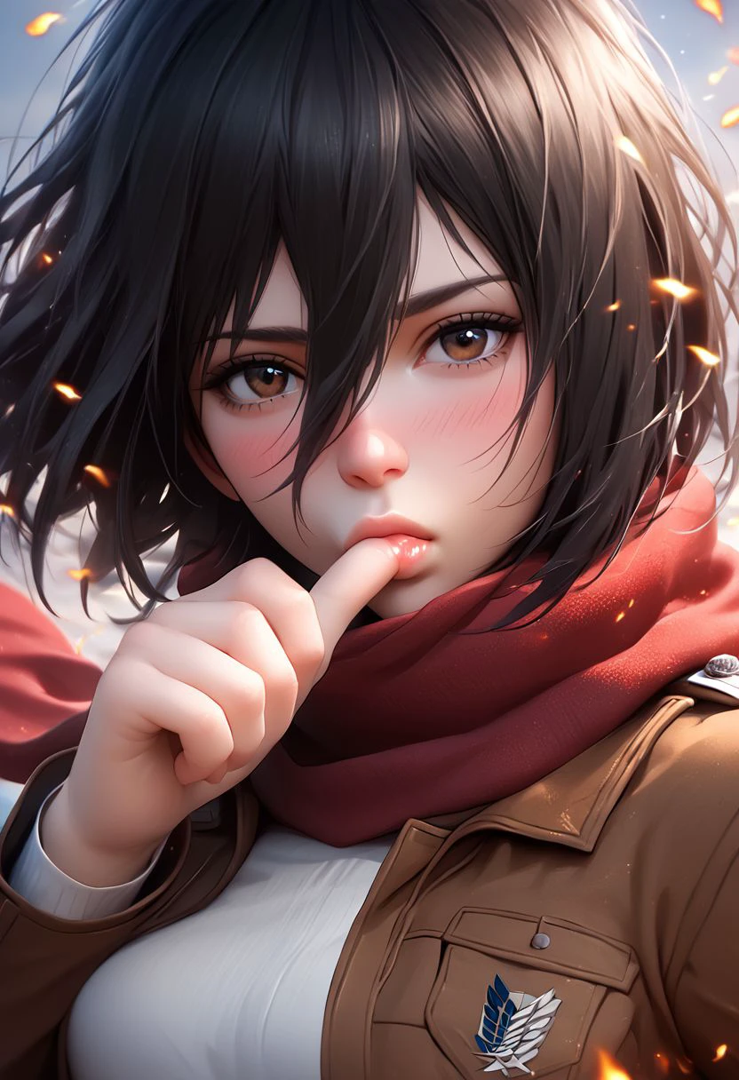 score_9, score_8_up, score_7_up, i want the whole image to be created in 3D anime style, 1girl, solo, looking at viewer, short hair, bangs, shirt, black hair, hair between eyes, brown eyes, jacket, white shirt, upper body, artist name, scarf, open jacket, lips, wind, portrait, red scarf, brown jacket, nose, emblem, paradis military uniform, embers, survey corps (emblem), mikasa ackerman, sucking_own_thumb, Sucking own thumb, blush, nervous,