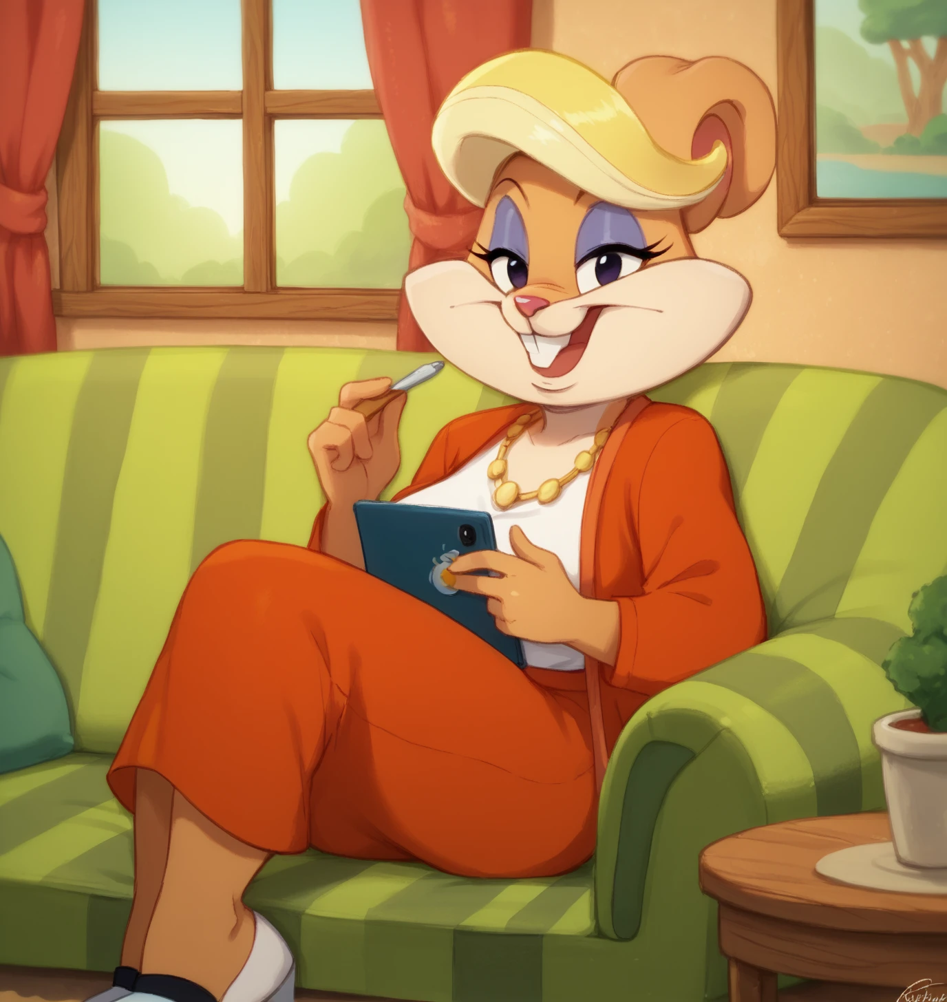 score_9, score_8_up, score_7_up, score_6_up, Detailed Background, BREAK
 <lora:Patricia_Bunny_Looney_Tunes_for_PonyXL:0.8>, patriciabunny, furry female, 1girl, blonde hair, smile, animal ears, jewelry, teeth, BREAK
Living Room, sitting on couch, table, window,