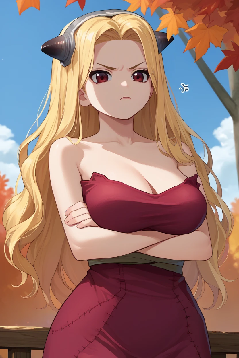 score_9, score_8_up, score_7_up, score_6_up, source_anime BREAK 1girl, solo,  <lora:dsminami-pdxl-nvwls-v1-000005:1> hokutozai minami, blonde hair, fake horns, hairband, bare shoulders, cleavage, maroon dress, underbust, strapless, large breasts, crossed arms, annoyed, looking at you, blue sky, autumn