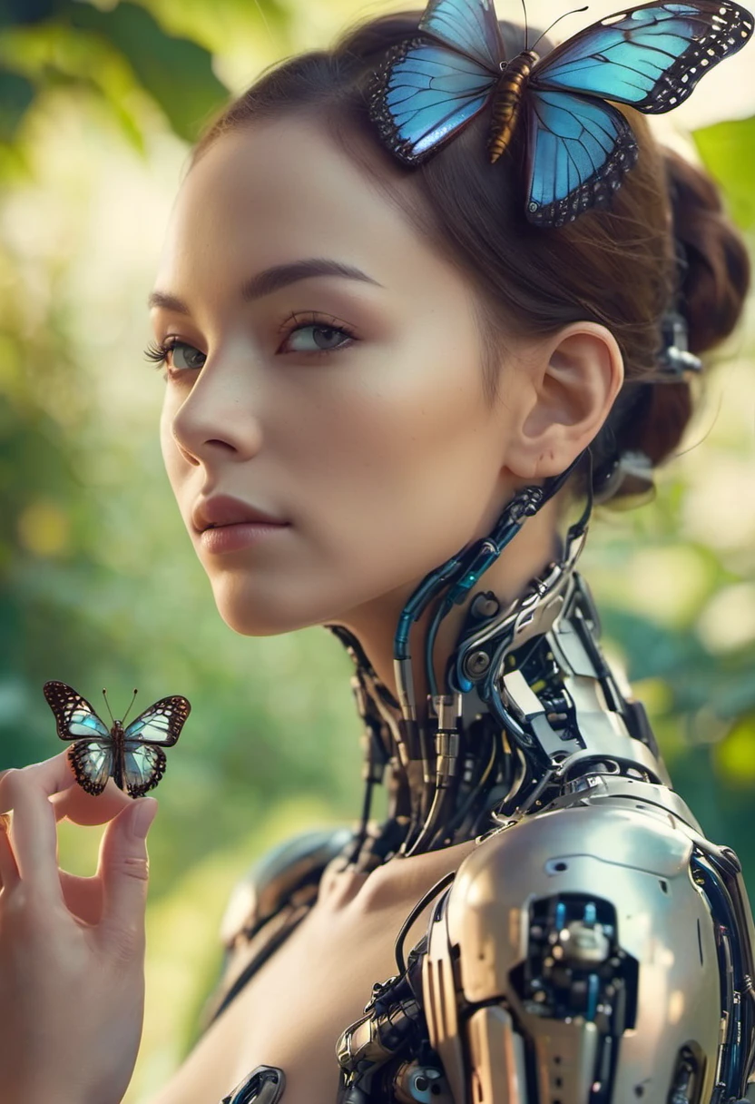 photography, realistic, maximum details, maximum resolution, close-up, 85mm, f/3, sunny day, hard shadows, skin details, (woman with cybernetic hand, butterfly resting on her hand), cyborg, nature background, bokeh