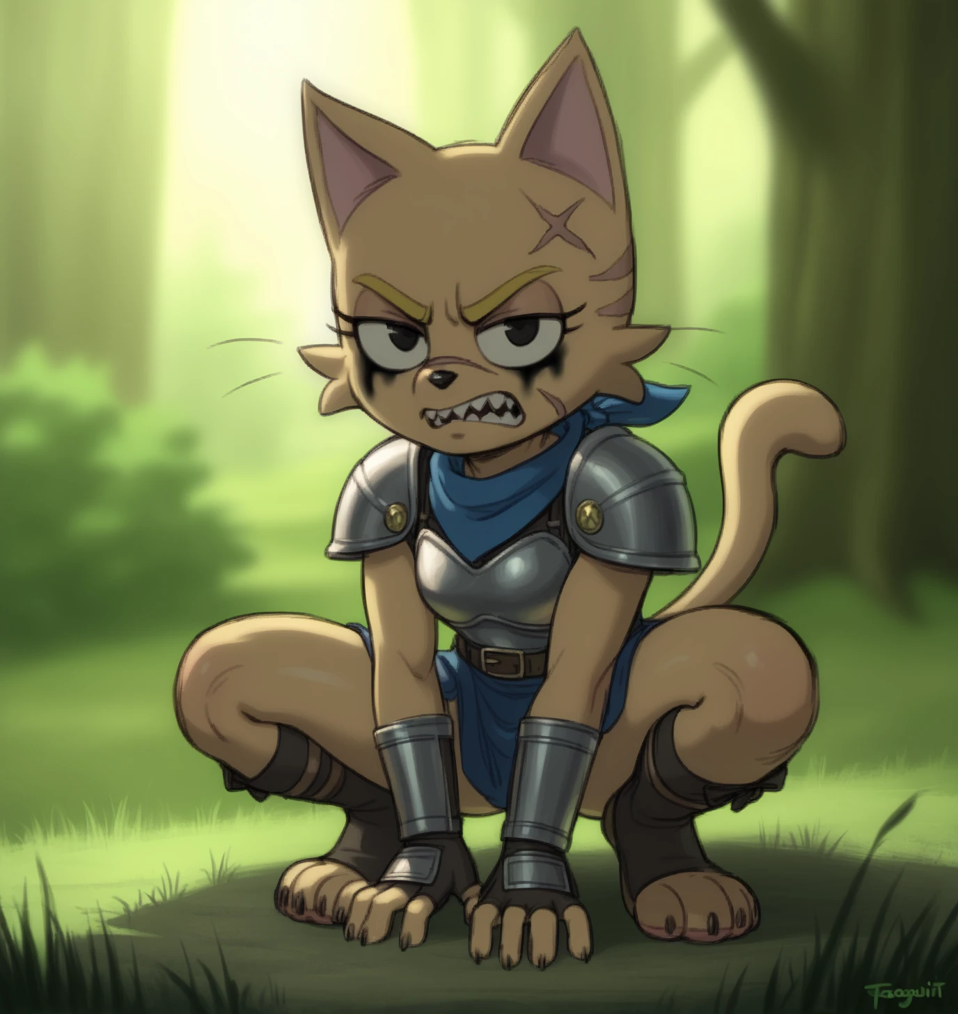 score_9, score_8_up, score_7_up, score_6_up, Detailed Background, BREAK
<lora:Meowkie_Namco_High_for_PonyXL:0.62>, 1girl, furry, animal ears, black eyes, meowkie, neckerchief, tail, body fur, BREAK
leather armor, crouching, face paint, scars, warrior, holding weapon, sharp teeth, scowl