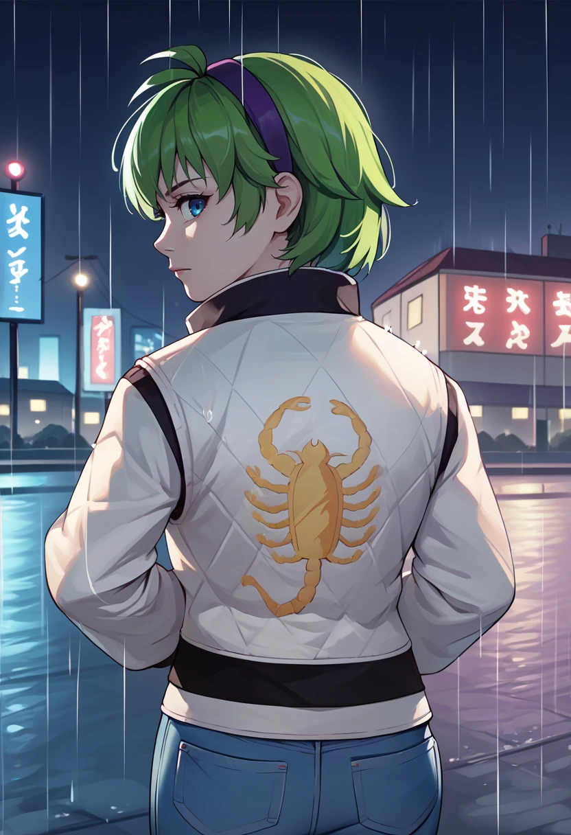 score_9, score_8_up, score_7_up, source_anime BREAK 1girl, solo, <lora:nino-fe-richy-v1_pdxl:1> ninornd,  blue eyes, green hair, short hair, antenna hair, purple hairband, (print jacket, white jacket), from behind, jeans, <lora:drivejacket-outfit-richy-v1_pdxl:1> looking back, looking at viewer, outdoors, city, night, dark, darkness, rain, raining, night sky, overcast, black background