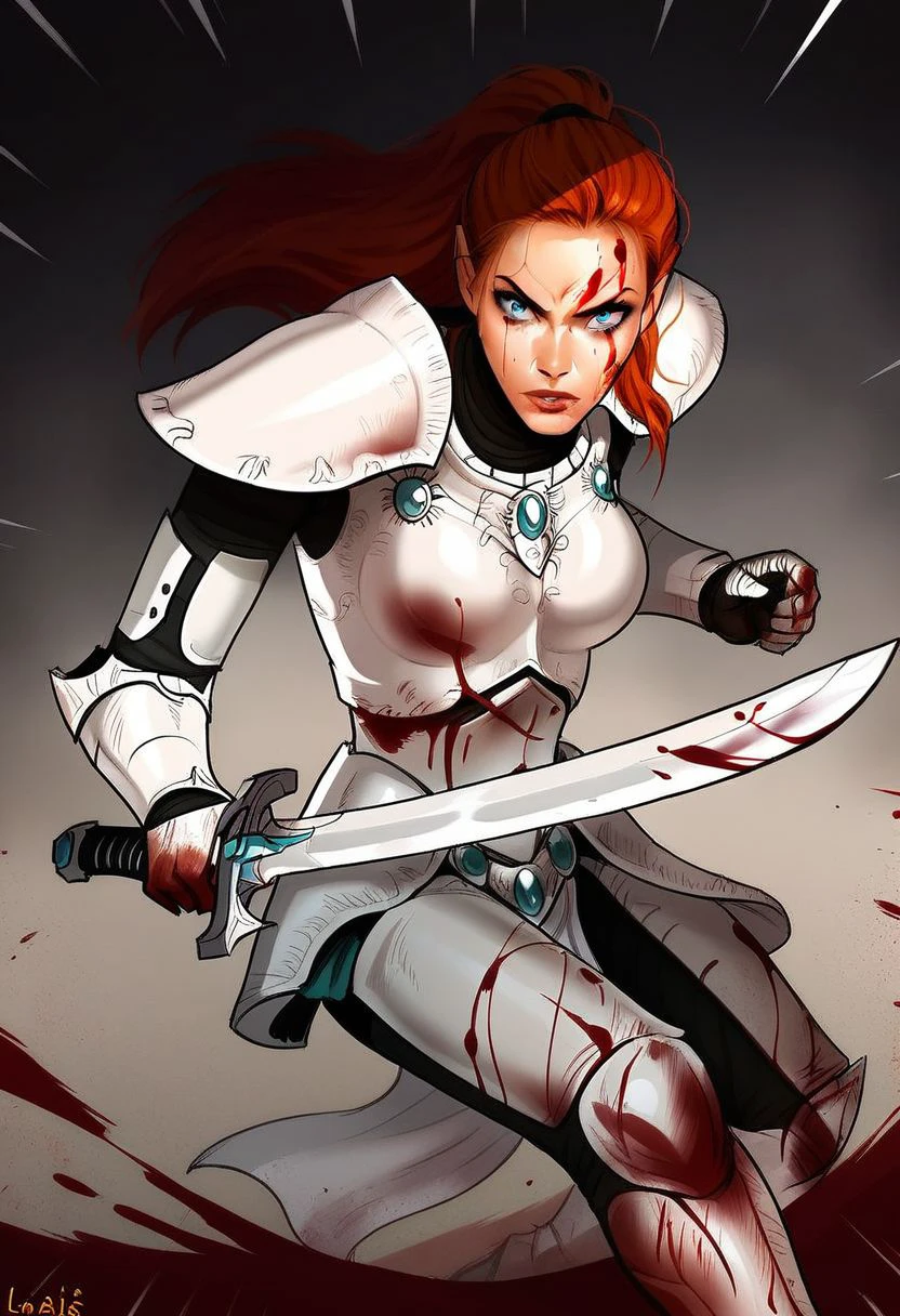 1girl, eldar, redhead, white armor, dynamic pose, sword, blood