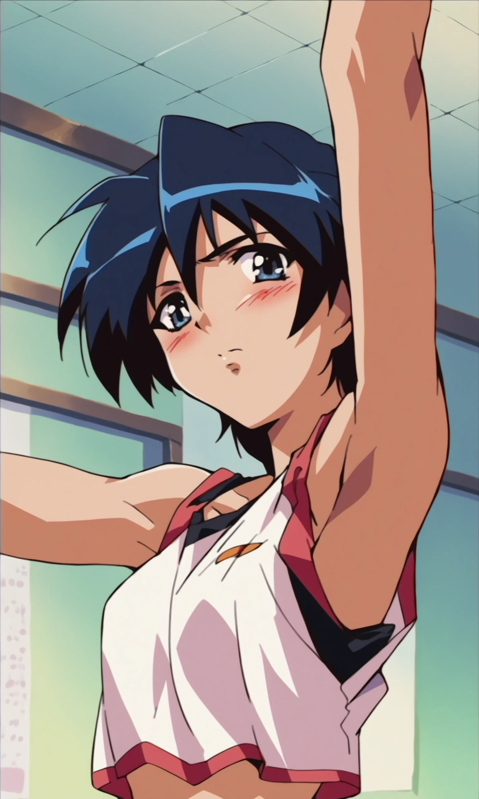 (score_9,score_8_up,score_7_up),source_anime,
1990s anime,1girl,saitou,indoors,armpits,blush,looking at viewer,