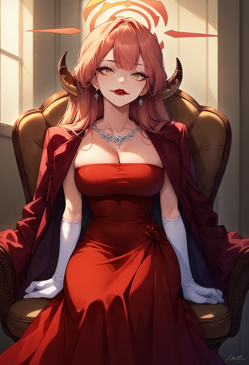 score_9, score_8_up, source_anime, smeared lipstick, red lipstick, 1girl, solo, AruDress, long hair, horns, halo, necklace, earrings, red dress, strapless dress, cleavage, elbow gloves, white gloves, jacket on shoulders, indoors, on chair, sitting, <lora:ChamSmearedLipstickPonyXL:1> <lora:ChamRikuhachimaAruPonyXL:1>