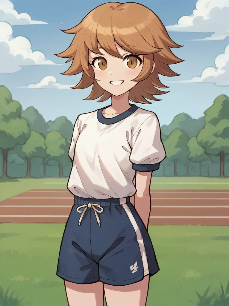 score_9, score_8_up, score_7_up, 
1boy, androgynous, fujisaki chihiro, brown eyes, brown hair, short hair, flipped hair, 

standing, outdoors, school, athletics field, solo, 

gym uniform, blue shorts, arms behind back, smile, looking at viewer, 