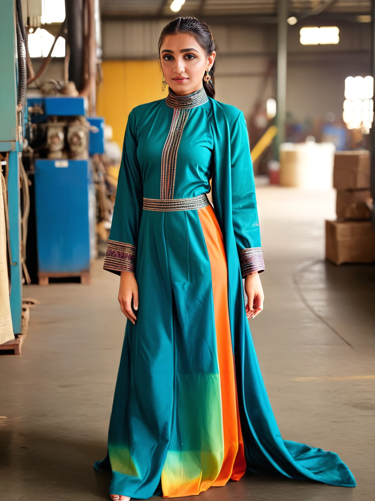 full body photo of a 30-year-old vedika pinto, colorful modest high neck Abaya Style Suit, looking at camera,day time at Factory in bokeh  <lora:vdka_Vedika_Pinto_SDXL_LoRA_adafactor-step00002000:1>