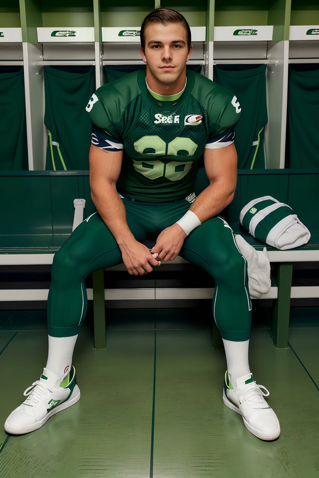 locker room, sitting on a bench, in front of lockers, slightly smiling, ToryGeorge is an (American football player), wearing (football uniform), (green jersey:1.4), (shoulder pads), (green football pants:1.3), (white socks:1.3), (green sneakers:1.3), ((hand on knee)),  (((full body portrait))), wide angle   <lora:ToryGeorge:0.8>