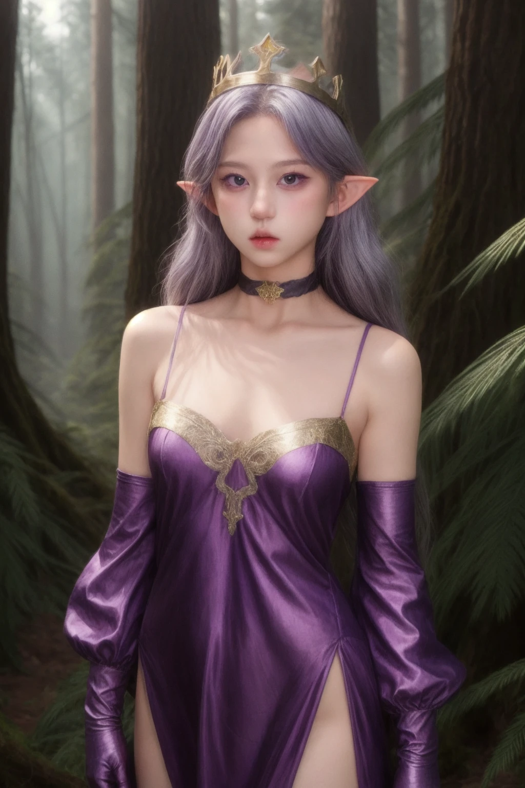 1girl, high quality,  looking at viewer,  in forest, cowboy shot, purple gown, , shiny skin, elf_ears, silver hair, gold trim, mini crown, elbow gloves, thigh strap, choker, 
<lora:ip-adapter-faceid-plusv2_sd15_lora:0.64>  <lora:add_detail:1>   <lora:Lizzynam_v1:0.53>