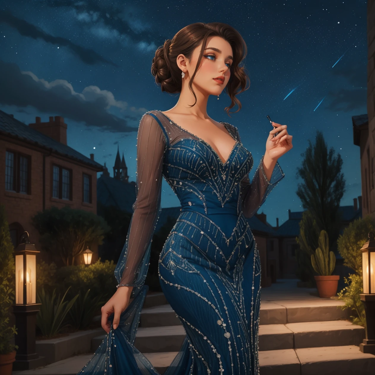 1girl, solo, brown hair updo, lipstick, standing, hud_bl_gwn, long blue V Neck beaded mermaid dress, see-through, long sleeves, <lora:blue_gown-000008:0.8>, courtyard, night sky