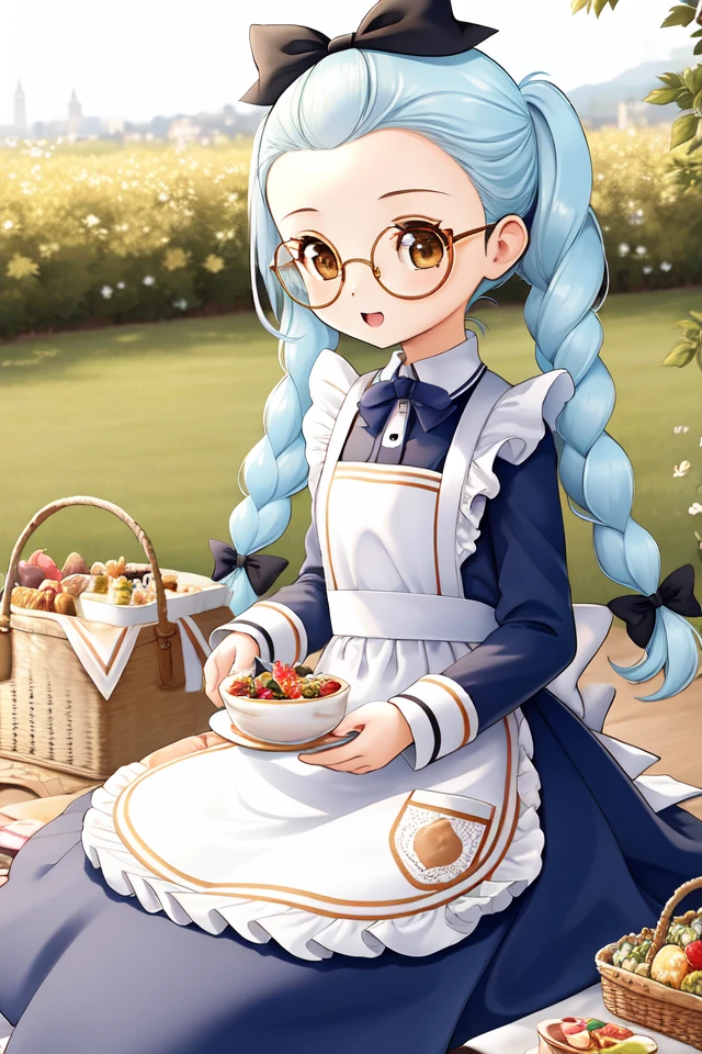 1 girl, outdoors, sitting, picnic, tea,
 <lora:Harvest_Moon_Hero_of_Leaf_Valley_-_Gina:0.5> holvgina, light blue hair, long hair, twintails, braid, hair bow, forehead, brown eyes,
glasses, maid, blue dress, apron,