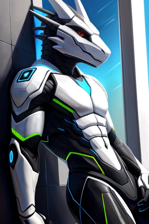(masterpiece, highest quality, 16k, high quality, best quality:1.3, highres, digital painting \(artwork\), furry, uploaded_on_e621:1.4)
robot, android, anthro, android, dragon, male grey scales, red eyes, seductive, futuristic, spacecraft, leaning on wall, smirk, looking at viewer, seductive, muscular, tail