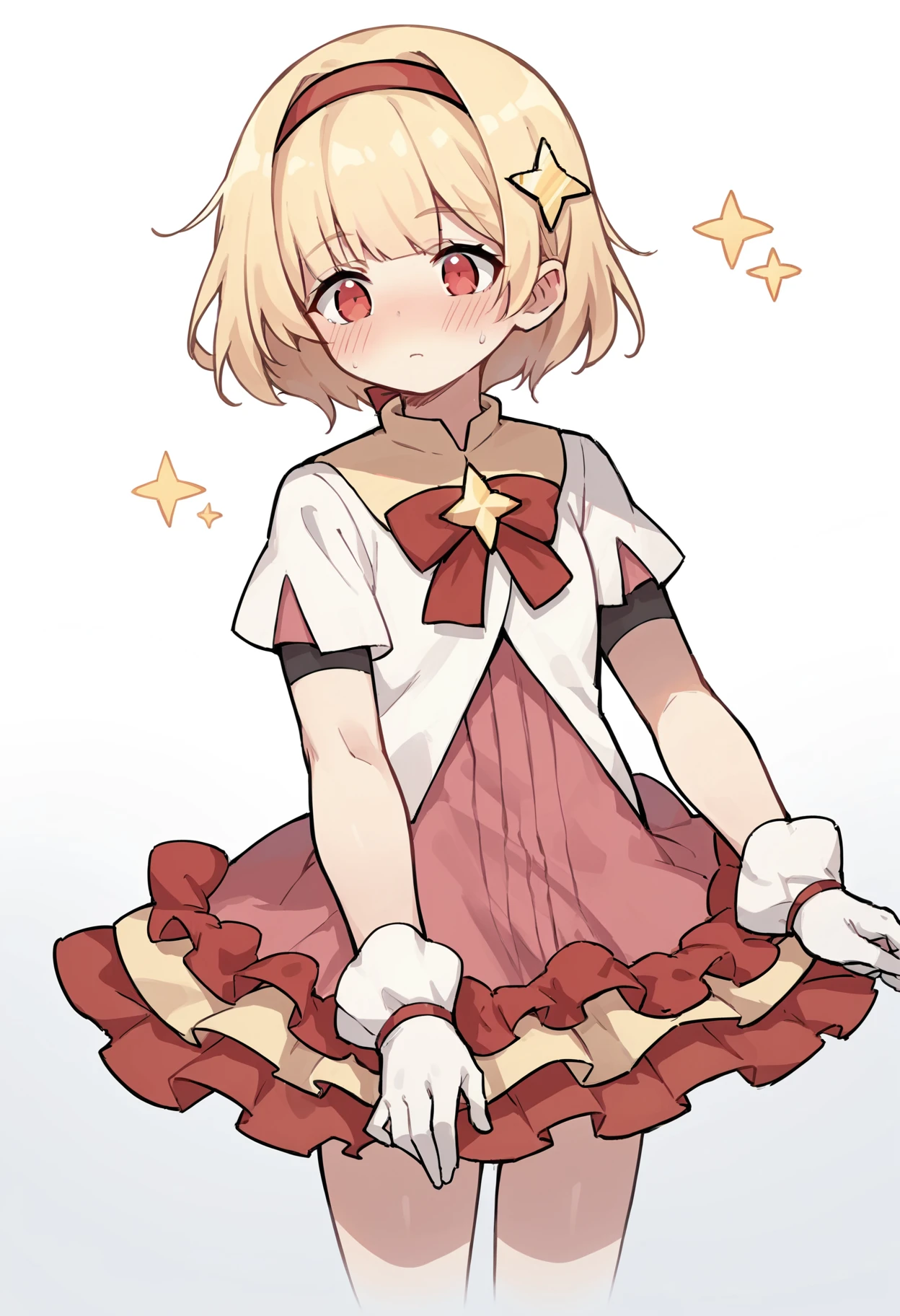 score_9, score_8_up, score_7_up, score_6_up, rating_explicit, source_anime, <lora:mary-10:0.7> mary(djmax), 1girl, solo, blonde hair, hairband, short hair, red eyes, bow, red hairband, skirt, long sleeves, dress, shirt, red bow, white shirt, hair ornament, gloves, short sleeves, star (symbol)