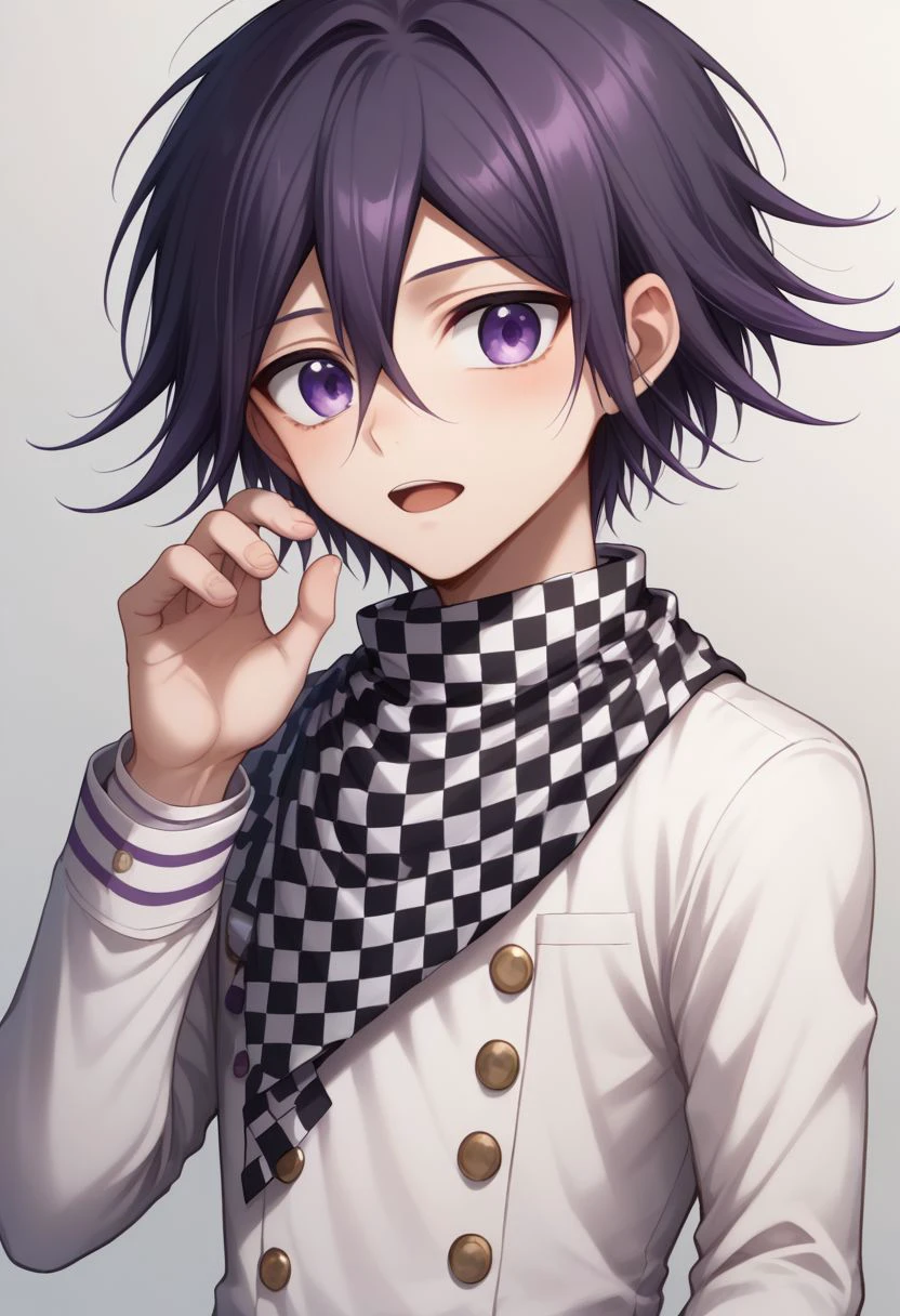 score_9, score_8_up, source_anime, highly detailed, 1boy, solo, skinny, cute, short,
kokichi, 1boy, male focus, solo, scarf, checkered scarf, checkered clothes, upper body, bangs, open mouth, long sleeves, hair between eyes, hand up, buttons, purple eyes,
indoor,