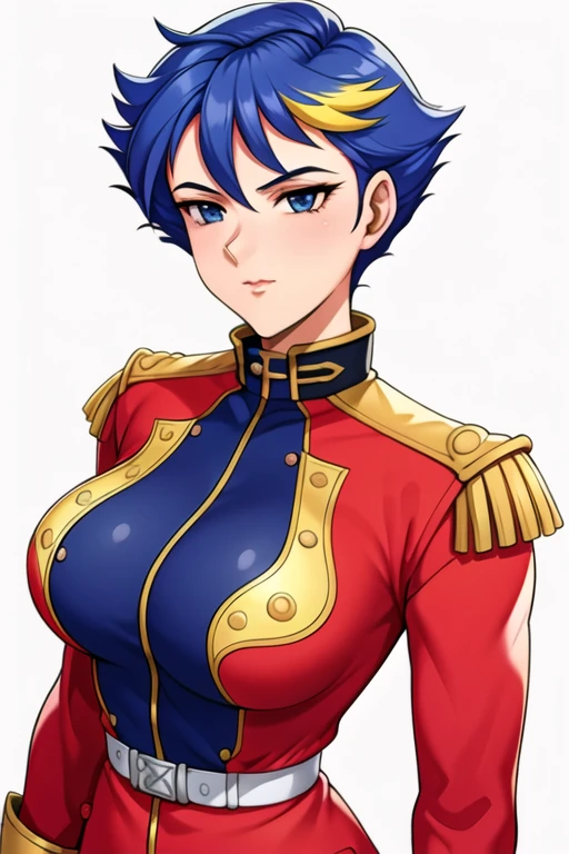 Simple White Background,
dynamic pose,standing at attention,
red military uniform, long sleeves, red jacket,
<lora:Alyssa_Walker_Gunit-KK77-V1:0.7>,
blue eyes, blue hair,bangs,short hair,multicolored hair,
<lora:more_details:0.1>,<lora:Oda_Non_Style-KK77-V2:0.3>,<lora:Sexy_AIart-KK77-V1:0.3>,
1 girl, 20yo,Young female,Beautiful long legs,Beautiful body,
Beautiful Nose,Beautiful character design, perfect eyes, perfect face,expressive eyes,perfect balance,
looking at viewer,(Focus on her face),closed mouth, (innocent_big_eyes:1.0),(Light_Smile:0.3),
official art,extremely detailed CG unity 8k wallpaper, perfect lighting,Colorful, Bright_Front_face_Lighting,White skin,
(masterpiece:1.0),(best_quality:1.0), ultra high res,4K,ultra-detailed,
photography, 8K, HDR, highres, absurdres:1.2, Kodak portra 400, film grain, blurry background, bokeh:1.2, lens flare, (vibrant_color:1.2),professional photograph,
(Beautiful,large_Breasts:1.4), (beautiful_face:1.5),(narrow_waist),