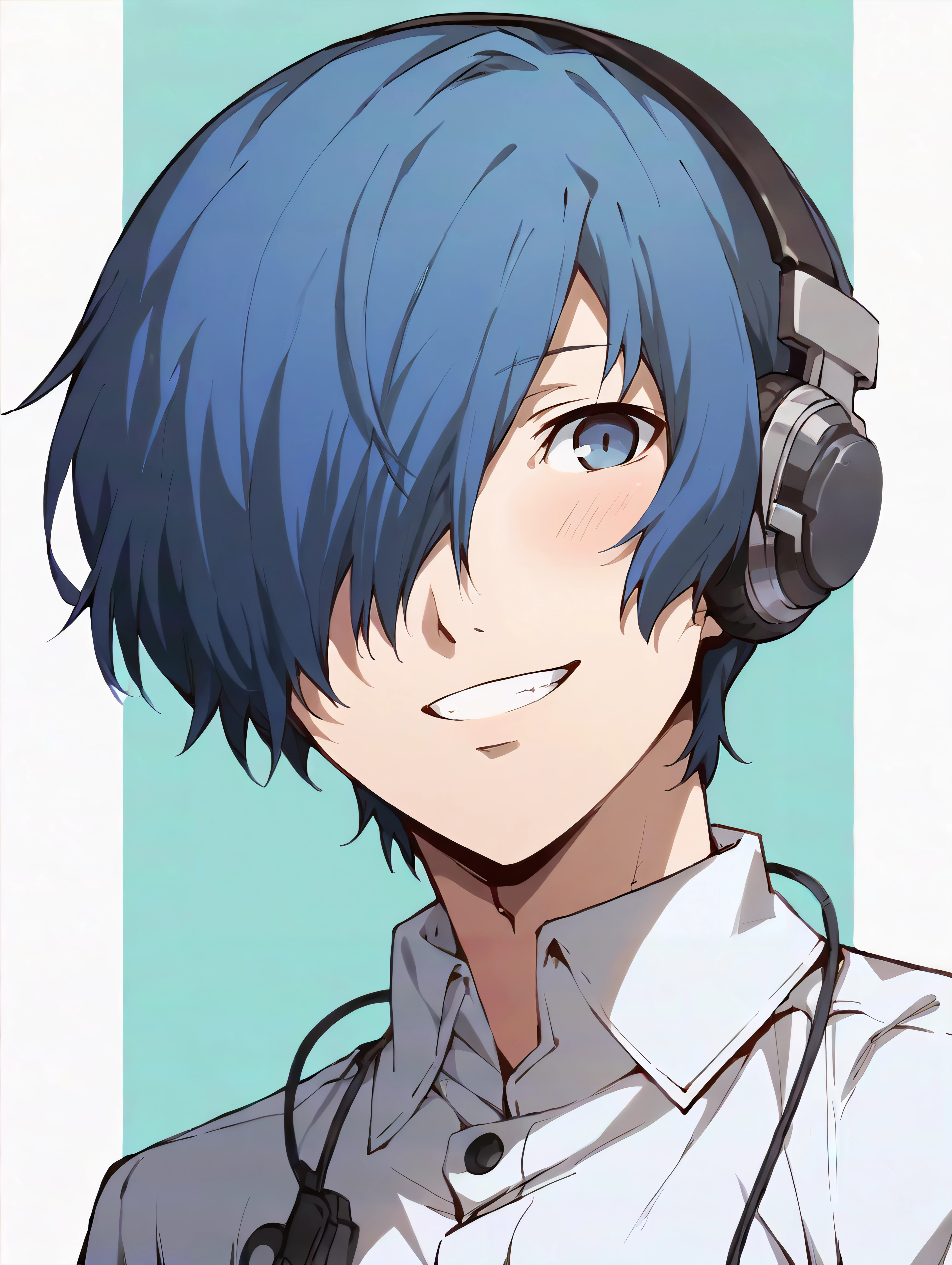 score_9, score_8_up, score_7_up, score_6_up, score_5_up, score_4_up, rating_explicit, BREAK solo, makotoyuki, yuuki makoto, 1boy, slim, blue eyes, blue hair, hair over one eye, short hair, shirt, headphones, <lora:MakotoYuki_PDXL:1>, blush, smile, upper body