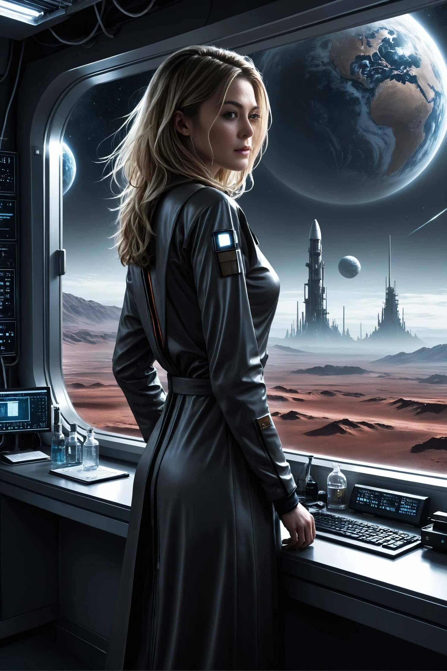 Dark Moody Atmosphere, Sci-Fi Films Photorealism <lora:RosamundPikeSDXL-000008:1>,  RosamundPikeSDXL wearing skintight scientist carbon fiber robe, working in a chemistry laboratory, big window, on the surface of planet mars, alien landscape ouside, (looking at the viewer:1.2), horror movie aesthetics, Photorealism, often for highly detailed representation, photographic accuracy, or visual illusion., Sci-Fi Films, often for futuristic technology, space exploration, or science fiction concepts., dramatic, mysterious, dark moody atmosphere