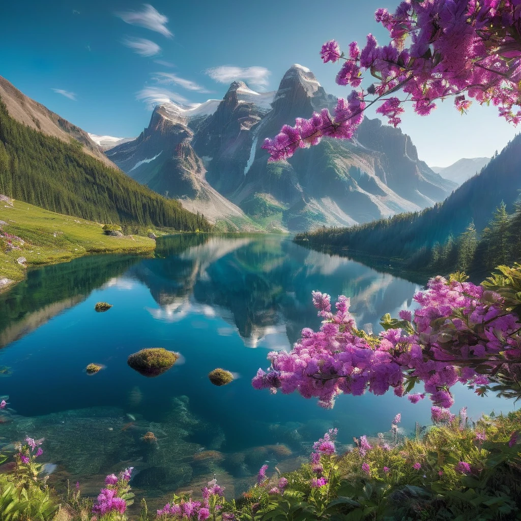 a cinematic shot of a stunning view over a lake with reflective water, beautiful flowers and mountains in background, HD, masterpiece, best quality, hyper detailed, ultra detailed