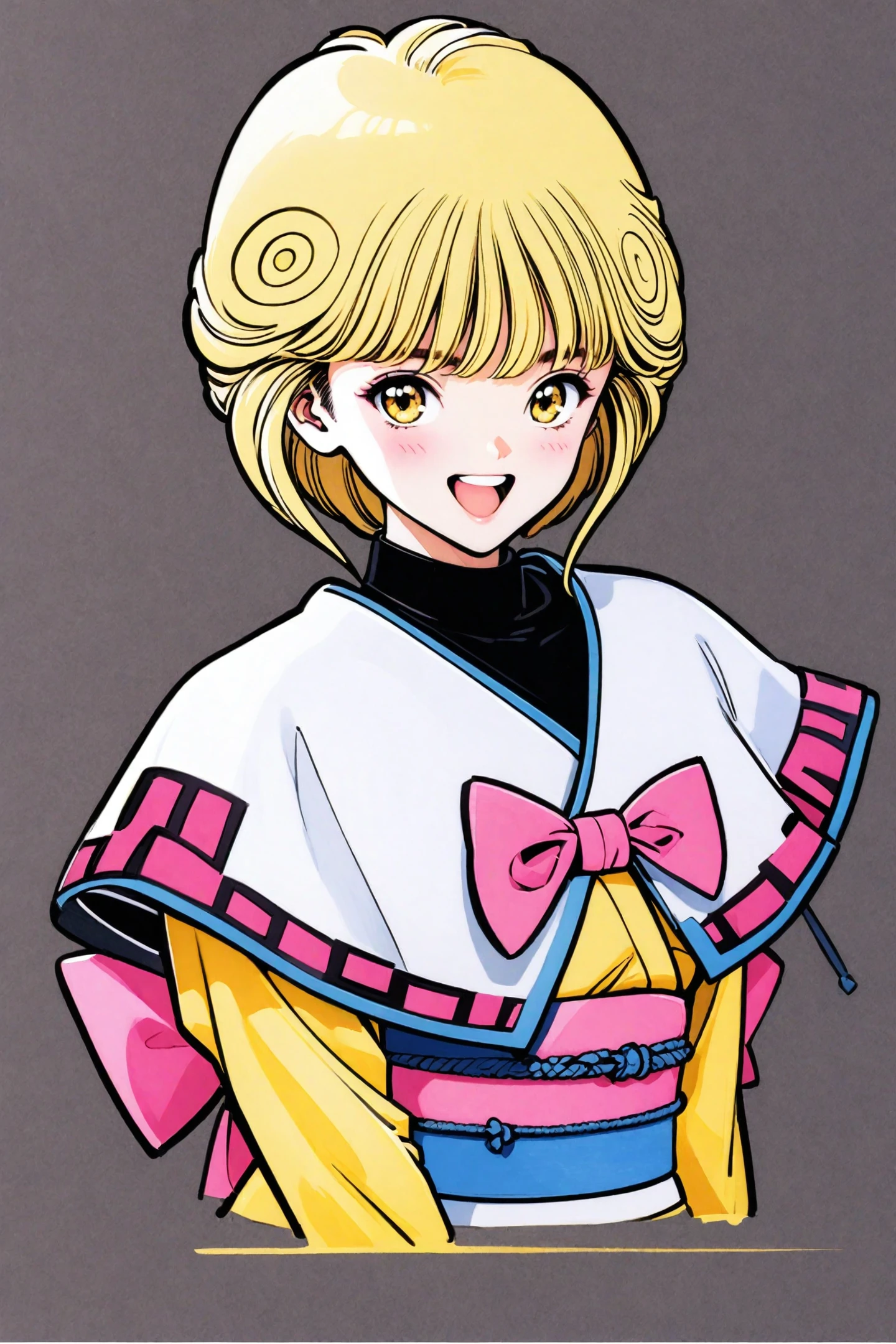 Katsura Masakazu Style,Ai Amano,1girl,blonde hair,solo,short hair,smile,open mouth,looking at viewer,yellow eyes,bangs,upper body,sash,bow,grey background,simple background,blush,yellow short kimono white pantyhose white capelet pink obi pink bow,retro artstyle,pencil sketch lines,traditional media,
<lora:super lora_flyx3_XL:0.8>,