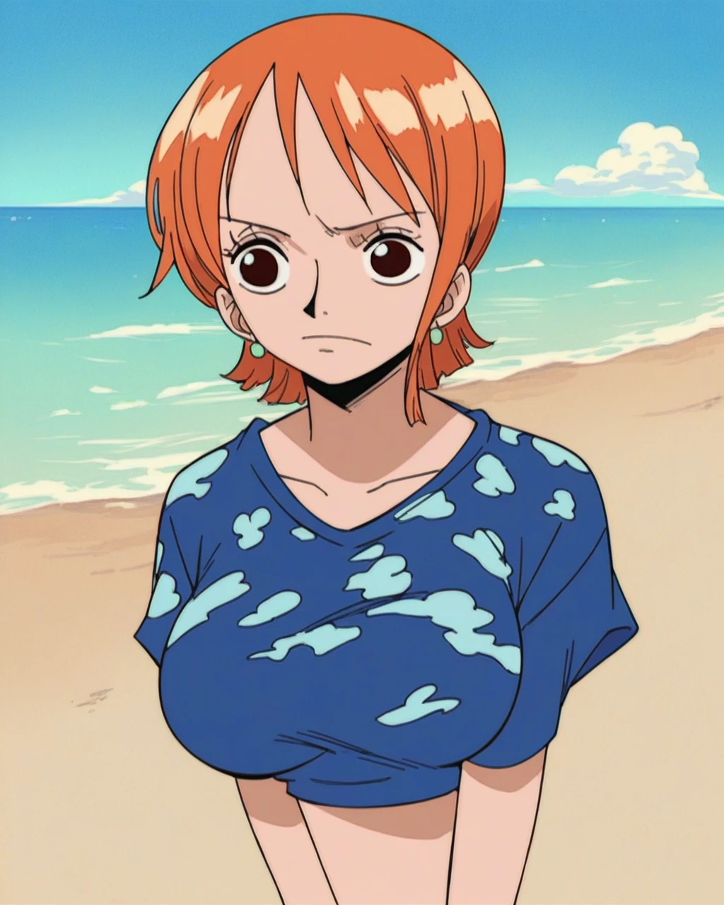 score_9, score_8_up, score_7_up, score_6_up, source_anime, anime_style, 2d, nami,  one piece nami, beach, 1girl, solo, large breasts,  shirts,  short hair,   <lora:namiXL-20:1>