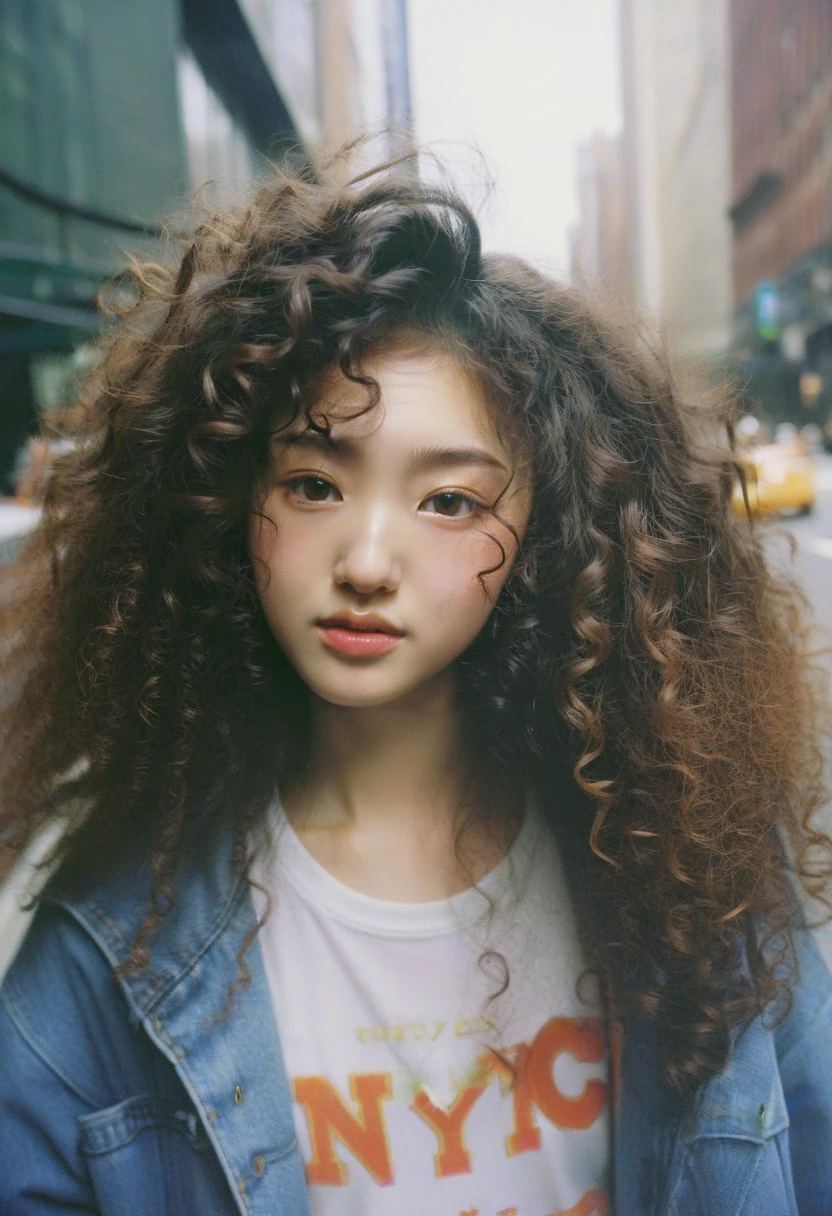 <lora:90sNYC:0.5> 90snyc, 1girl, portrait, editorial, curly hair, trendy, asian, dreamy, film grain,