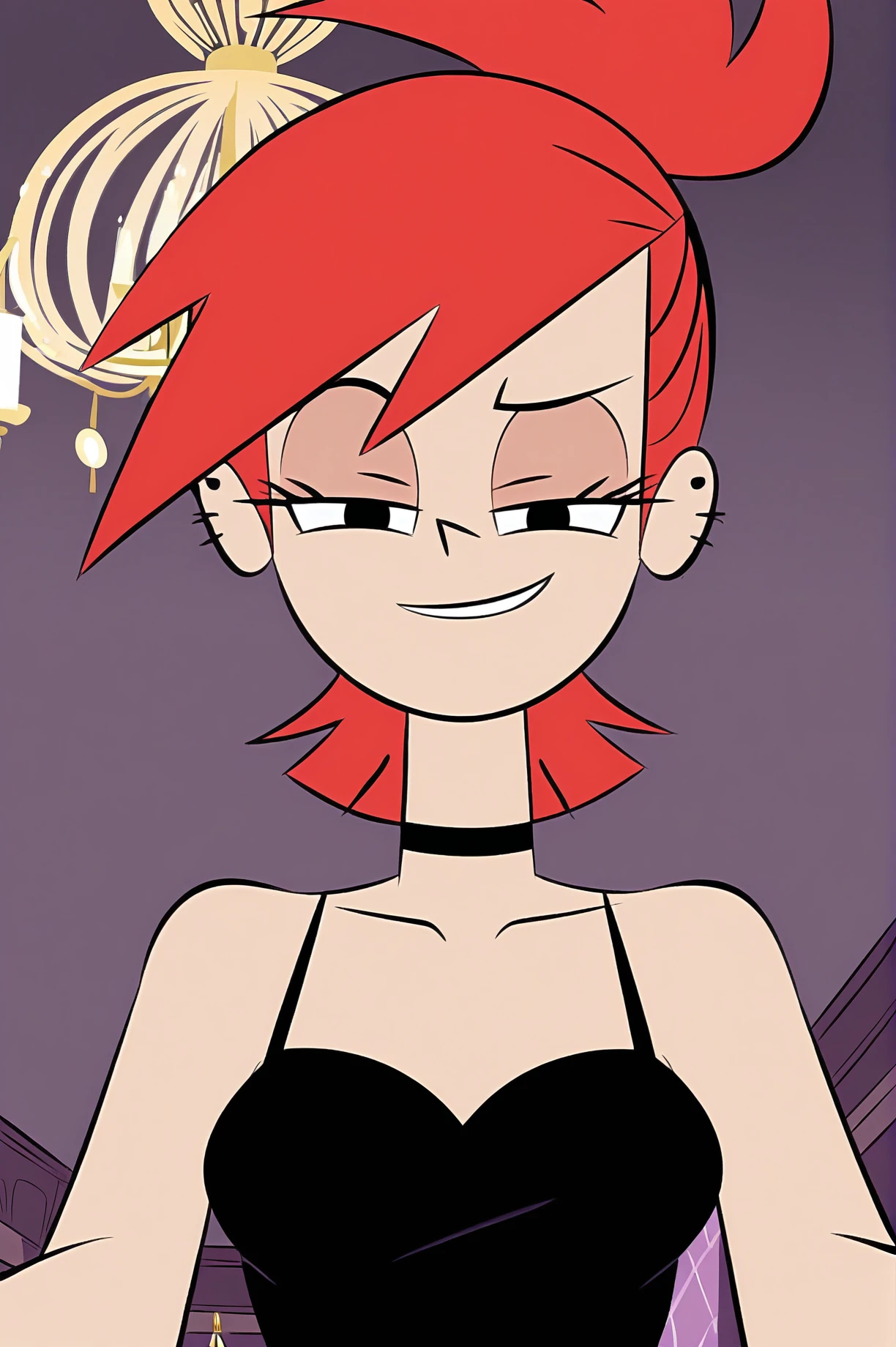 FrankieFoster, expensive bedroom, chandelier, black dress, smug, beautiful, crawling on viewer, from below, collarbone , head tilt, on viewer , <lora:FrankieFosterCartoonXL-10:0.8>
