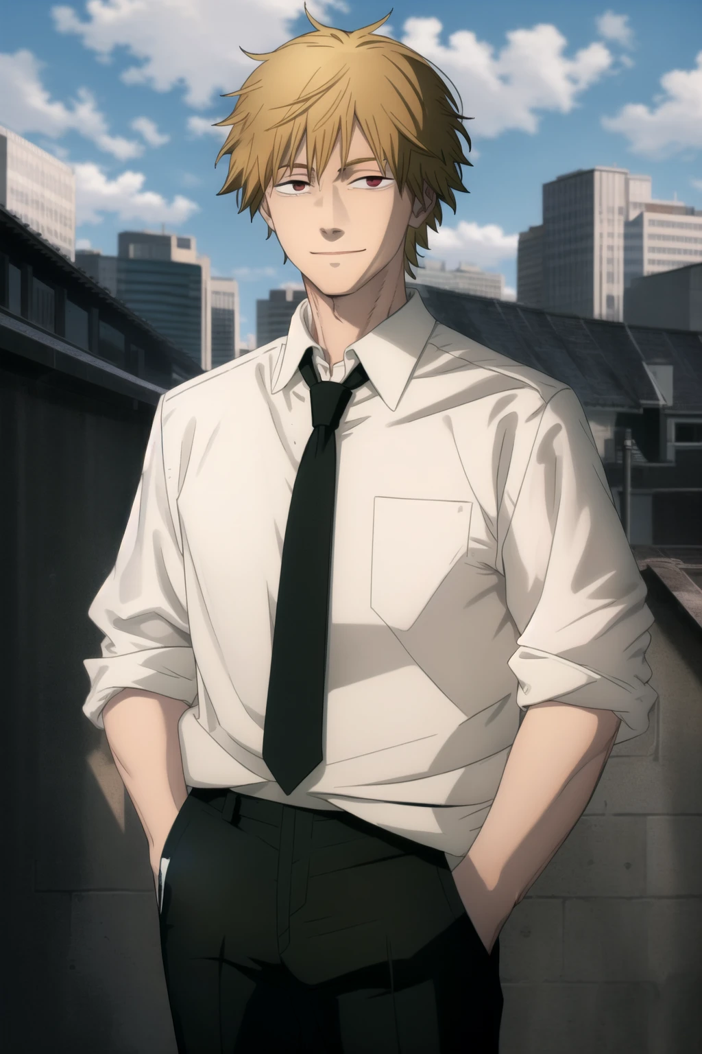 detailed, masterpiece, best quality, denji, 1boy, smile, closed mouth, looking at viewer, solo, white shirt, collared shirt, black necktie, black pants, hands in pocket, city, blue sky,