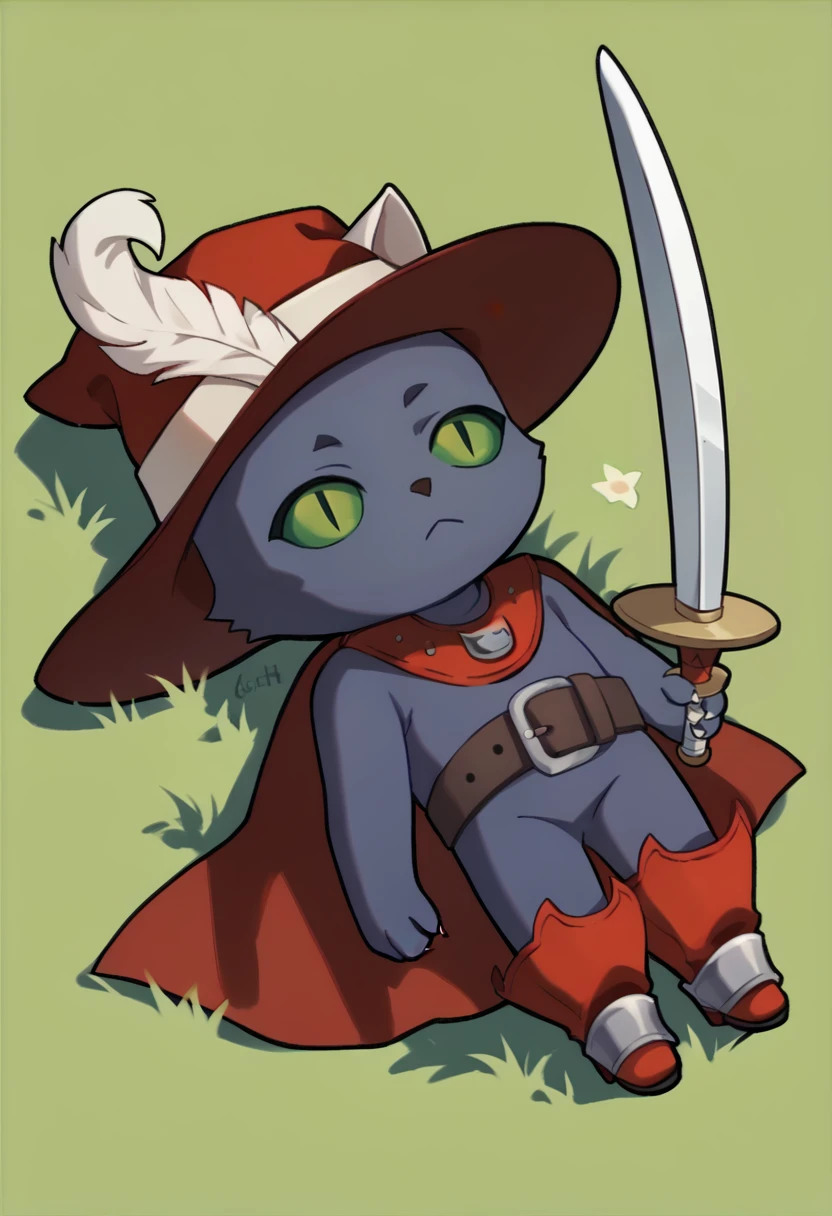 score_9, score_8_up, score_7_up, source_anime, no humans, <lora:CaitSithSMT-pdxl:1> caitsith, cat boy, green sclera, slit pupils, red tricorne hat, hat feather, red cape, belt, thigh boots, holding sword, <lora:QiqiFallen_XLPD:1.0> QiqiFallen, lying, on back, chibi, grass