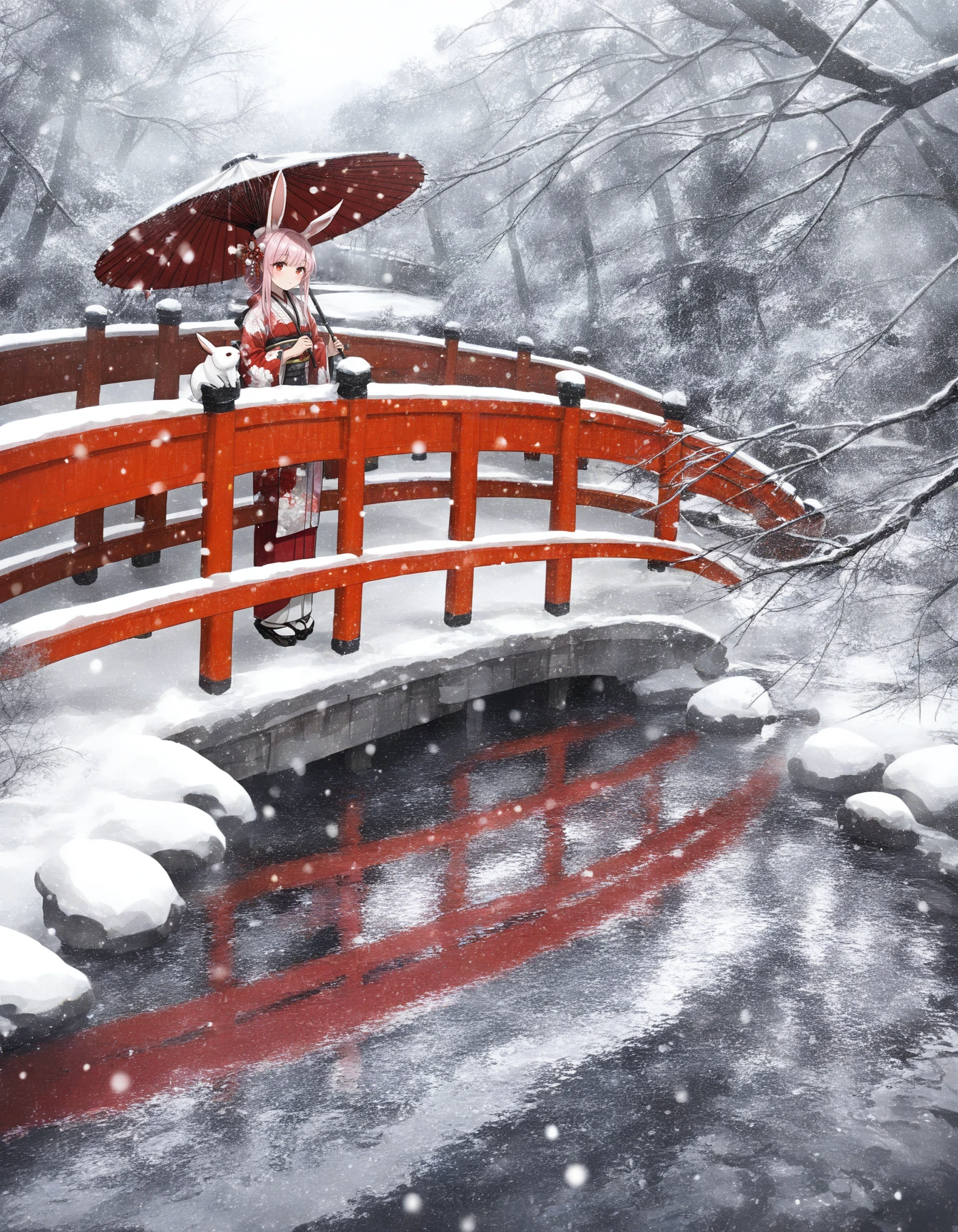 <lora:kika:0.8>, 1girl, solo, bridge, railing, scenery, river, winter, snow, snowing, outdoors, japanese clothes, oil-paper umbrella, holding umbrella, kimono, tree, long hair, rabbit ears, pink hair, year of the rabbit, wide sleeves, red eyes, obi, water, sash, long sleeves