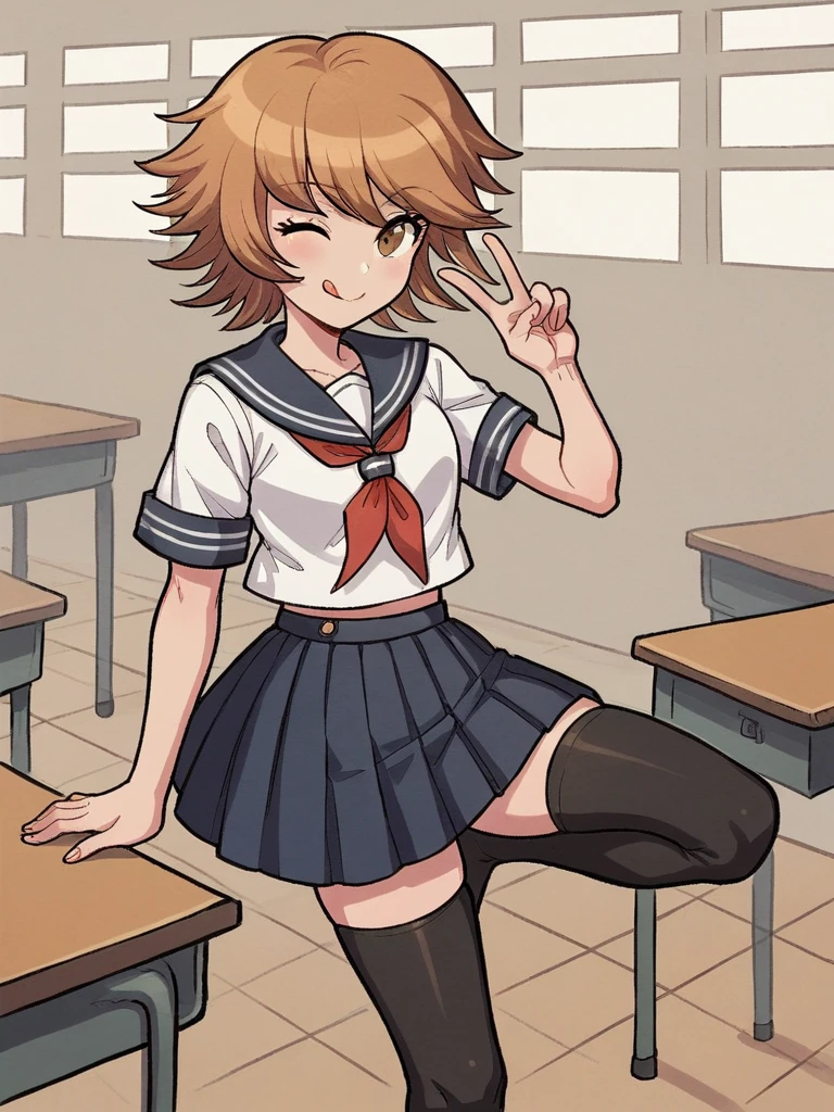 score_9, score_8_up, score_7_up, 
1boy, androgynous, fujisaki chihiro, brown eyes, brown hair, short hair, flipped hair, 
cross dressing, 
serafuku, white shirt, short sleeves, blue skirt, pleated skirt, black thighhighs, v, 
wink, tongue out, looking at viewer, smile,
standing on one leg, classroom,
