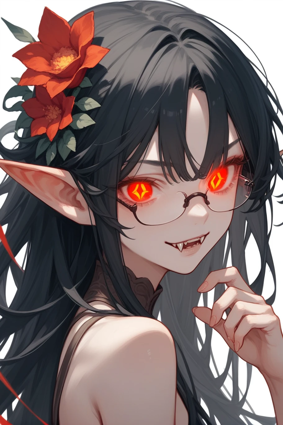 score_9, score_8_up, score_7_up, source_anime, female, semi-rimless eyewear, fangs, humanoid pointy ears, red eyes, black hair, long hair, glowing eyes, hair flower, white background, symbol-shaped pupils, white background,