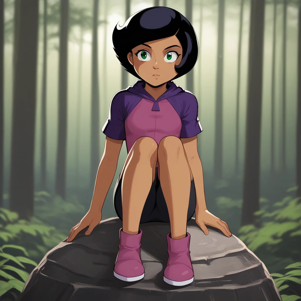 score_7_up, BREAK, 1girl, solo, Megan, black hair, short hair, green eyes,  tan, dark skin,  <lora:Megan_SpieZ_PXL_Leaf3:1>, forest, blurry background, sitting on rock,