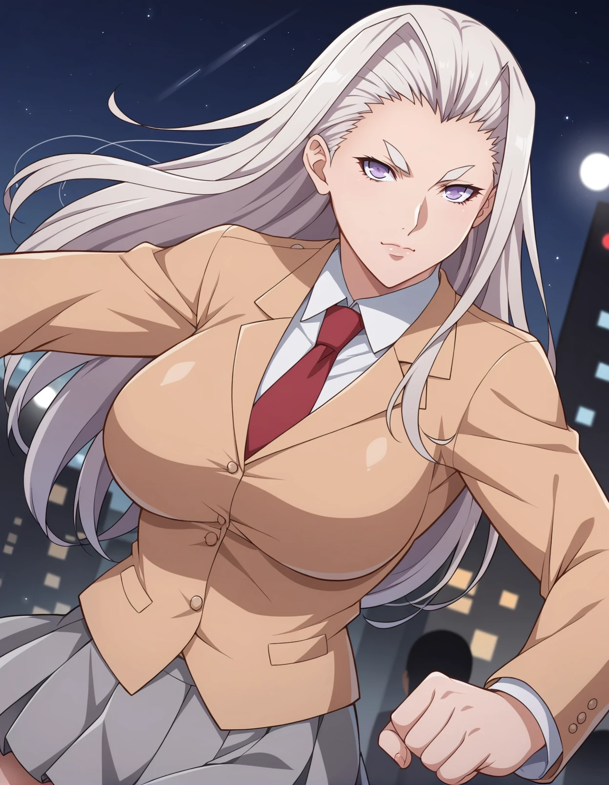 score_9, score_8_up, score_7_up, source_anime, rating_safe, BREAK <lora:himiko_XL-Pony_LoRA-C3Lier_8-8-8-8_AdamW_Un3e-4_Te1.5e-4_10batch:1>, himiko, 1girl, white hair, long hair, thick eyebrows, purple eyes, large breasts, school uniform, beige jacket, red necktie, pleated skirt, grey skirt, fighting, punching, incoming attack, glaring, light smile, closed mouth, dutch angle, looking at viewer, facing viewer, light particles, eye focus, aura, wind, dust, depth of field, night, night sky, city, city lights, skyline, skyscraper