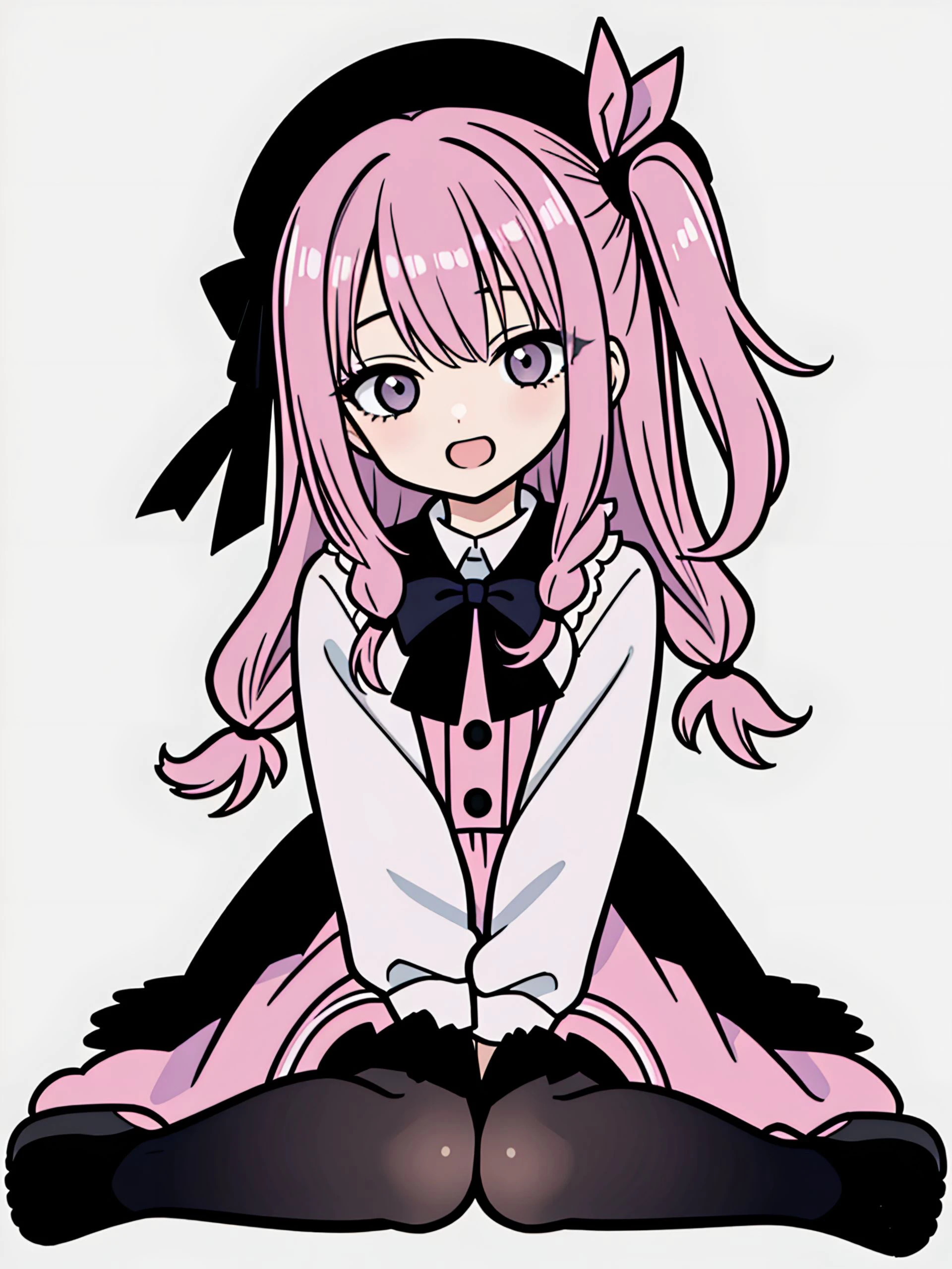 (masterpiece), (best quality), (ultra-detailed), very aesthetic, illustration,gyaru,
white_background,simple background,
solo_focus,solo,, 1girl, beret, black dress, black headwear, black ribbon, black pantyhose, black skirt, bow, braid, buttons, collared shirt, dress, full body, frilled dress, frills, hat, hat bow, kneehighs, light smile, long sleeves, neck ribbon, no shoes, one side up, open mouth, panties, parted bangs, pink bow, pink dress, pink theme, ribbon, shirt, sitting, skirt, socks, stuffed animal, stuffed shark, stuffed toy, twin braids, underwear, upper body
