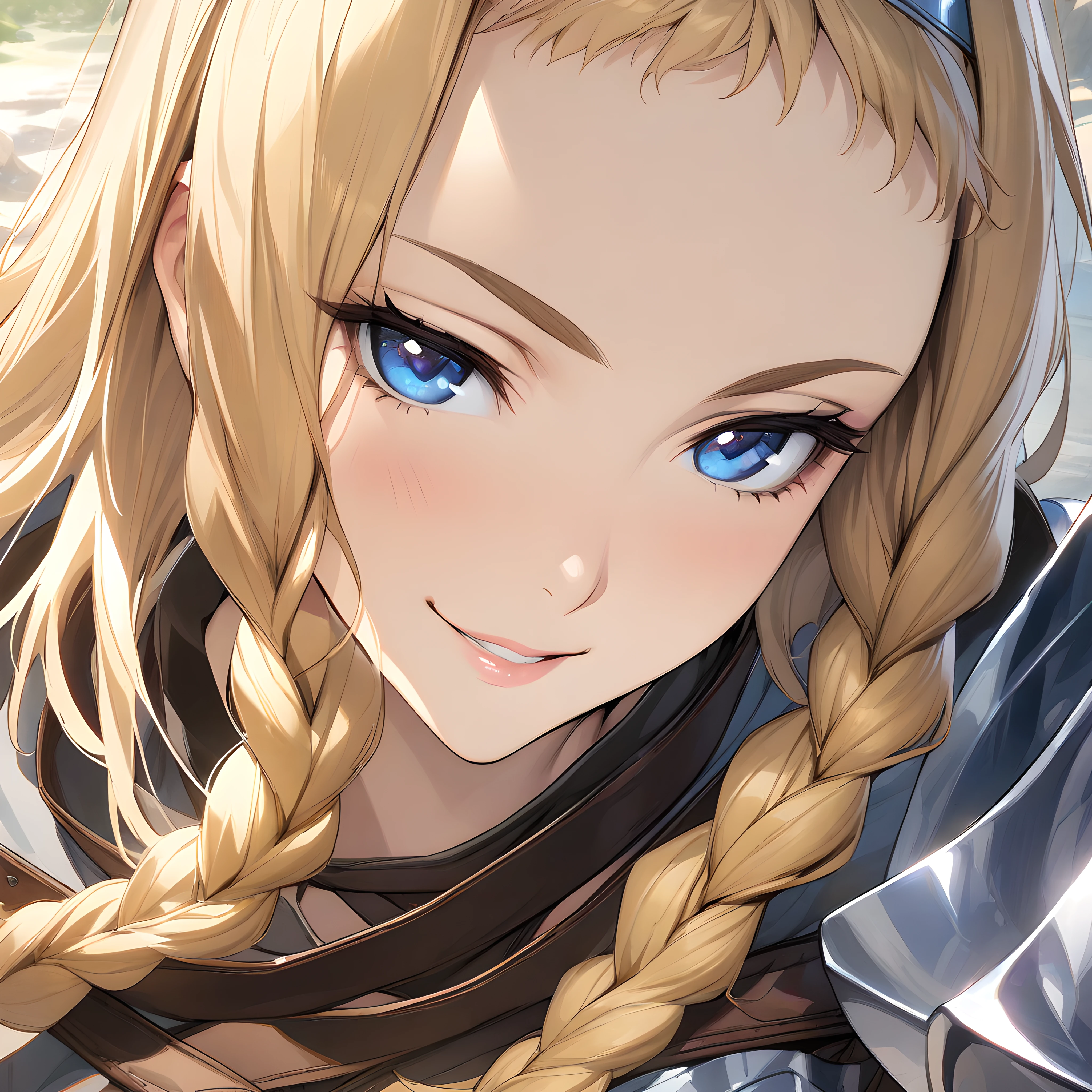 (masterpiece),(best quality),(ultra-detailed),(best illustration),(best shadow),(absurdres),(detailed background),(very aesthetic), leina vance, 1girl, solo, blonde hair, braid, blue eyes, long hair with long locks, portrait, very close-up, seductive smile, armor, <lora:XL-LeinaVance:1>