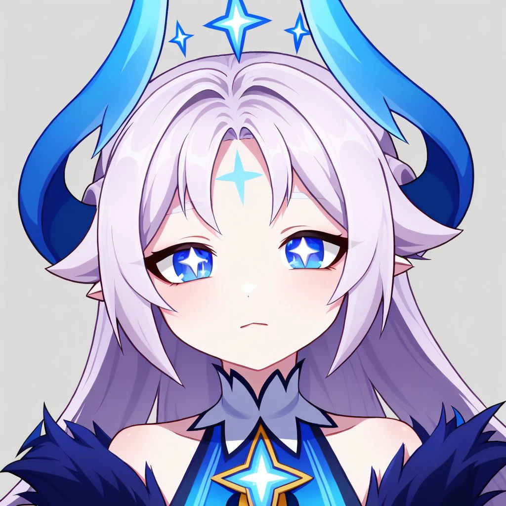 luciela r. sourcream, ishtar \(elsword\), (((datou))), blue horns, forehead, forehead mark, parted bangs, star-shaped pupils, ,upper body