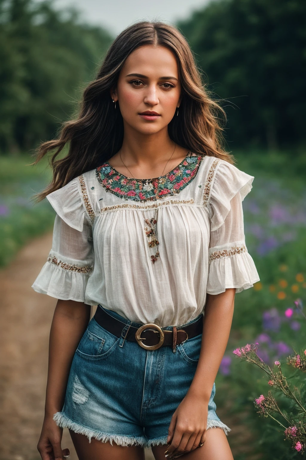 AliciaV_SoloTI_v1,
(A rustic peasant blouse, paired with embroidered denim shorts and worn-out boots, for an earthy and folk-inspired style:1.1), ((In a quaint countryside village, with blooming wildflowers and the sound of acoustic guitars, as stories are shared and melodies are woven:1.2)), (seductive), photorealistic, masterpiece, high quality, artistic, unique, award winning photograph, professional, 8k, RAW photo, best quality,flattering, (cinematic:1.3),
<lora:add_detail:0.6>, PA7_Portrait-MCU,