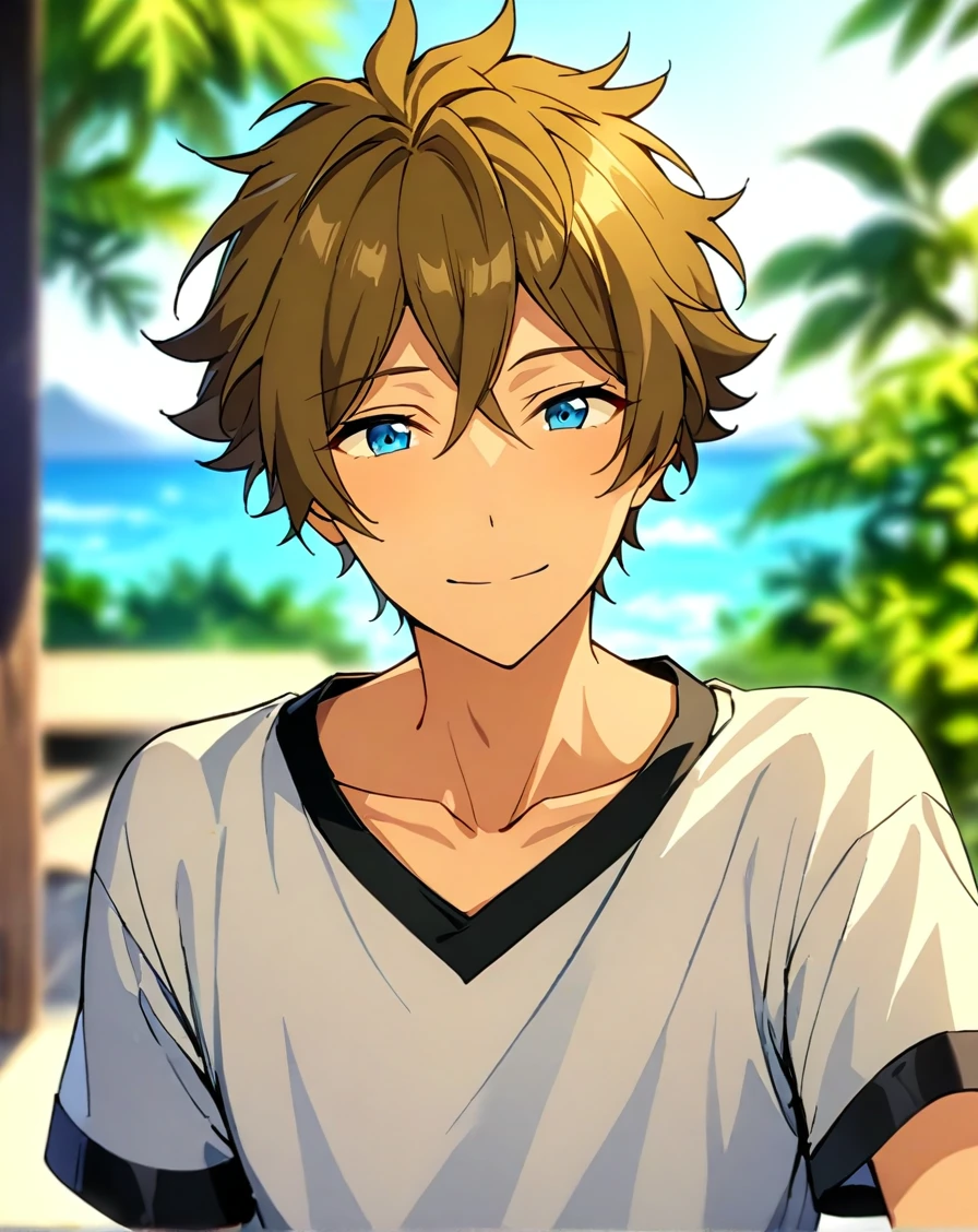 masterpiece, best quality, very aesthetic, absurdres, very detailed, depth of field, blurry background, ((1boy, solo, male only, male focus, upper body, adult)), (takamine_midori, brown hair, blue eyes, short hair, hair between eyes, bangs), happy, looking at viewer, facing viewer, collarbone, outdoors, <lora:Lightning-8:1>, <lora:takamine_midori_sdxl_lora:0.74>