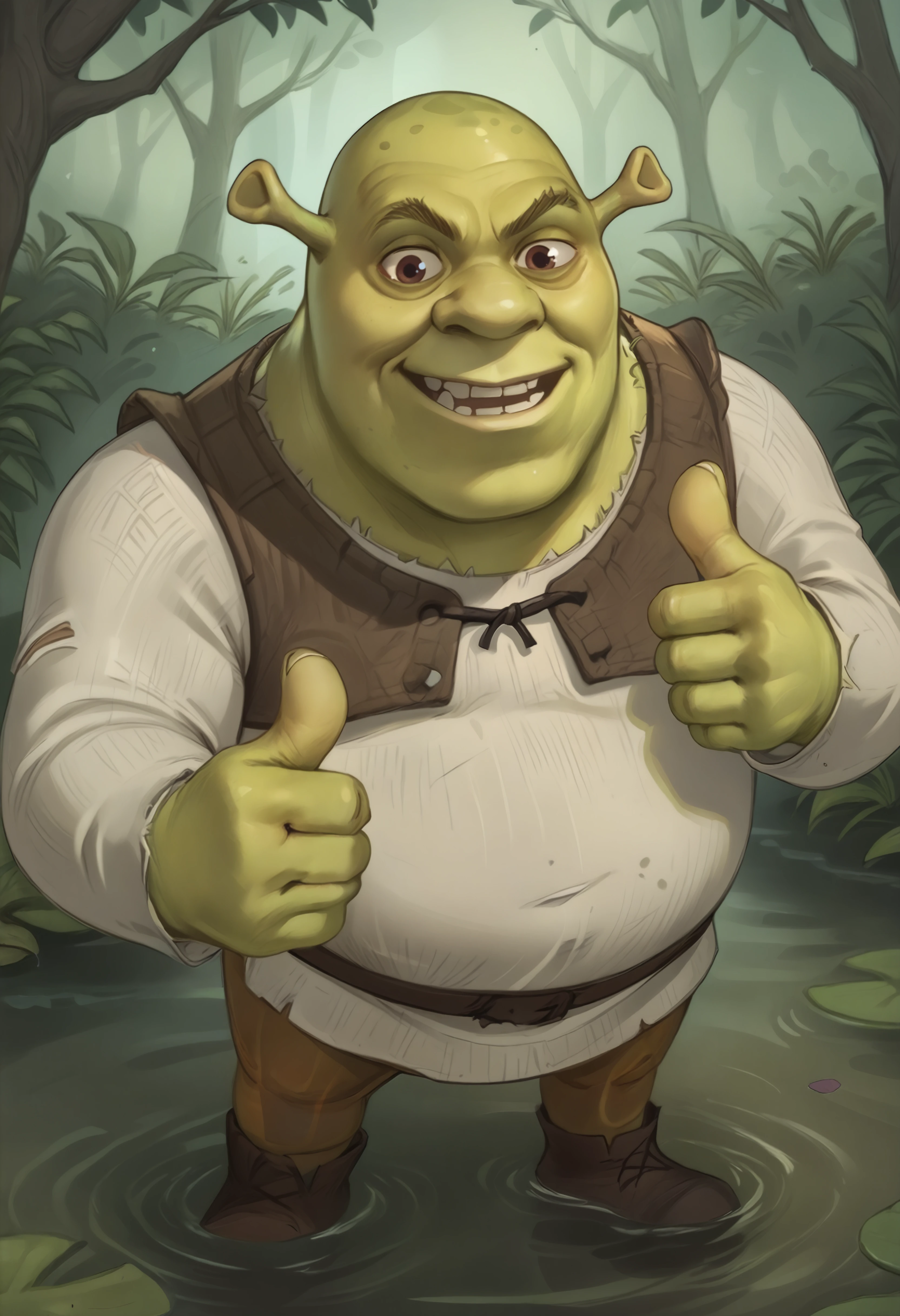 score_9, score_7_up BREAK  <lora:tezy8_pd_dora:1> swamp,smile,thumbs up <lora:Shrek_XLPD:0.7> shrek, green skin