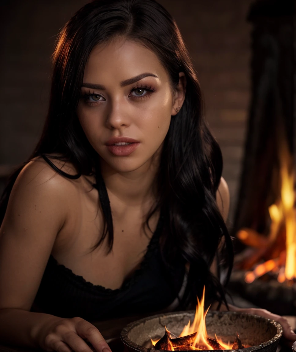 cinematic photo , <lora:quiron_AlinaLopez_v1355_Lora:0.77> alinaLopezQuiron, alinaLopez, realistic, looking at viewer, lips, makeUp, (night street) , , Faded Headshot, faded bottom, faded edges, (girl face), close-up, mysterious silhouette of fire elemental woman, (blows out a fireflame), fireflame from mouth, . 35mm photograph, film, bokeh, professional, 4k, highly detailed