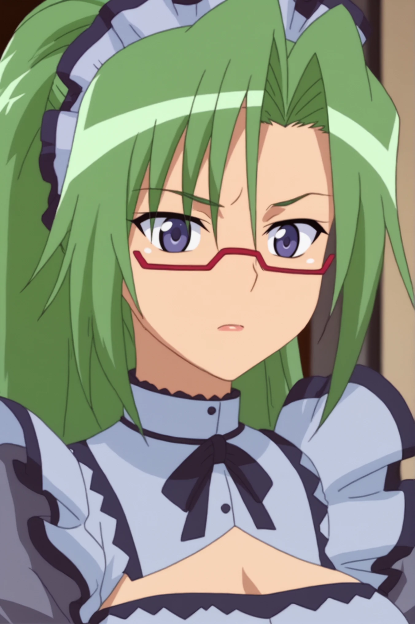 rating_safe, anime screencap, flat colors, flat shadows,  mizuki hanyuu, maid, glasses, green hair <lora:vampire-all_characters-PDXL:0.8>  <lora:sdxl_lightning_4step_lora:1>