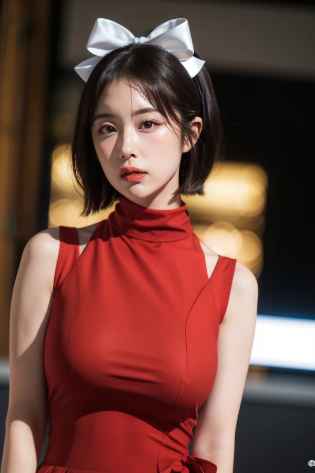 1girl,solo,black hair,turtleneck,dress,red dress,gloves,short hair,ribbon,looking at viewer,hair bow,black eyes,hair ribbon,realistic,
1girl,best quality,masterpiece,illustration,CG,unity,8k wallpaper,Amazing,finely detail,masterpiece,official art,incredibly absurdres,huge filesize,ultra-detailed,highres,extremely detailed,realistic,,<lora:Naenano_20240604205718:0.8>