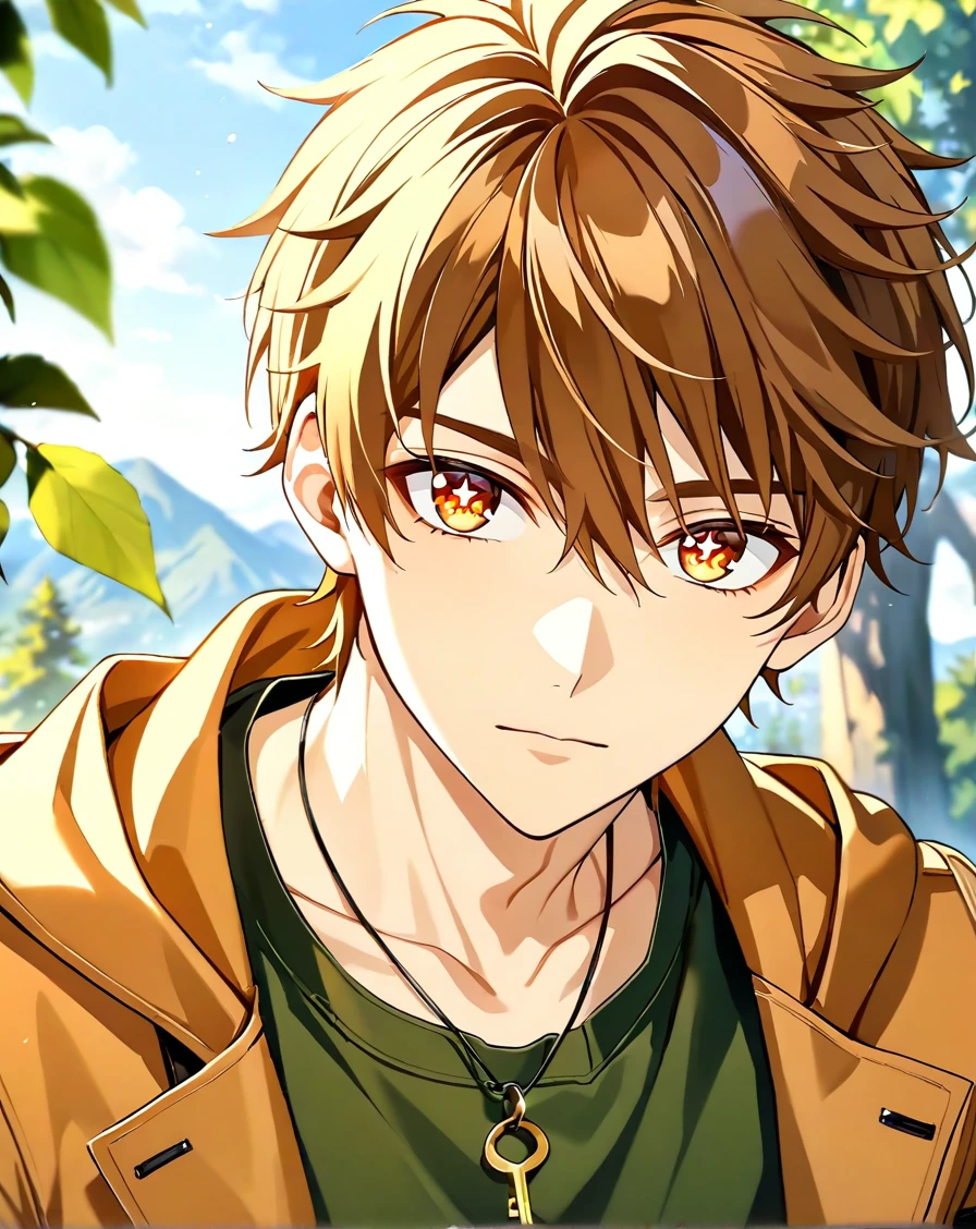 masterpiece, best quality, very aesthetic, absurdres, very detailed, depth of field, ((1boy, solo, male only, male focus, upper body)), (luke_pearce, 1boy, brown hair, amber eyes, short hair, hair between eyes, bangs), symbol-shaped pupils, star-shaped pupils, looking at viewer, facing viewer, green shirt, brown coat, key pendant, collarbone, outdoors, <lora:luke_sdxl_lora:0.74>, <lora:Lightning-8:1>
