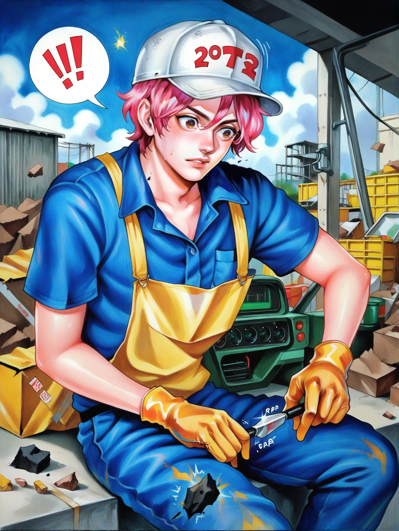 (zPDXL), (zPDXL), score_9, score_8_up, score_7_up, score_6_up, source_anime, illustration, traditional media, watercolors (medium), knysck, rating explicit, very nsfw, uncensored, yaoi, male focus, BREAK cowboy shot, 1boy, safety cap, construction worker uniform, safety gloves, , pink hair, brown eyes, construction site, debris, sitting, BREAK, motion lines, sound effects, spoken exclamation mark, spoken, spoken_expression, sparks,amazing quality, best aesthetic, year 2023 <lora:Kaneoya_Sachiko_-_Pony-000013:0.75> <lora:Pony_QualityV4.0:1>