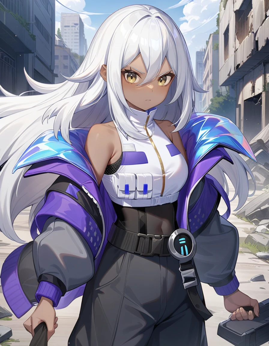 masterpiece,best quality,very aesthetic,absurdres,cinematic,
looking at viewer,serious,outdoors,ruins,city,cowboy shot,holding hands,pov,solo focus,
<lora:namu_xl:0.8>,namu snowbreak,1girl,solo,long hair,dark-skinned female,dark skin,white hair,jacket,hair between eyes,yellow eyes,shirt,off shoulder,open clothes,white shirt,
