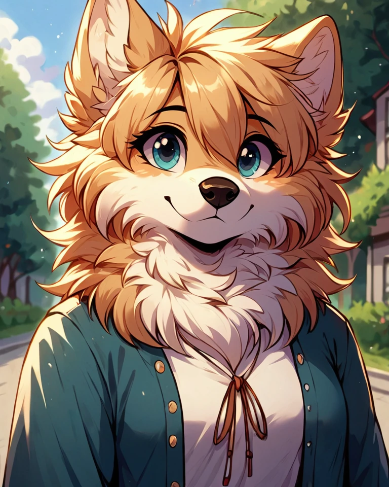 score 9, score 8 up, 1girl, masterpiece, <lora:MegaFluffyPonyV2:1> megafluffypony, fluffy, furry, Dog, medium shot, outdoors, clothes
